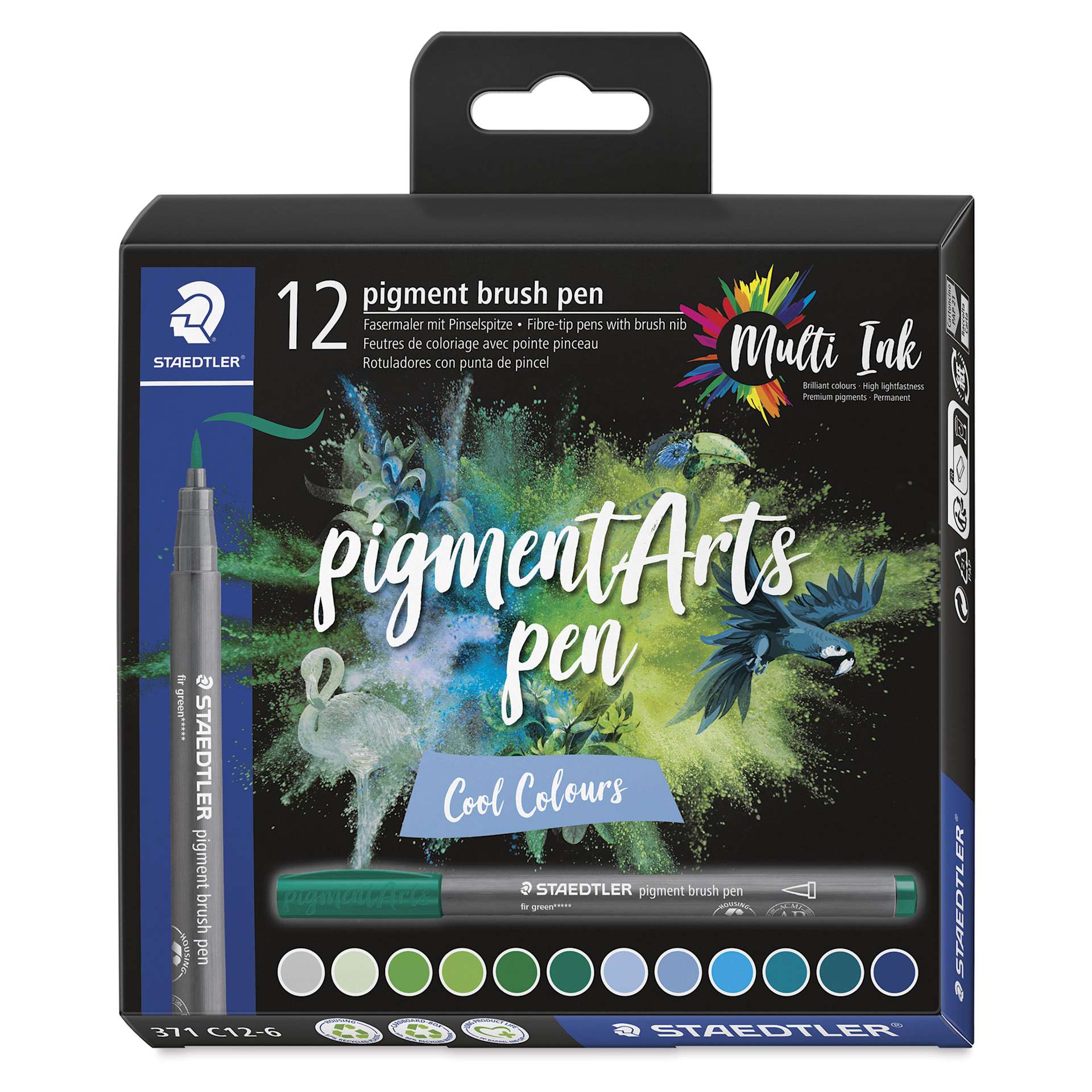 Staedtler Pigment Arts Brush Pens - Cool Colors, Set of 12, front of the packaging