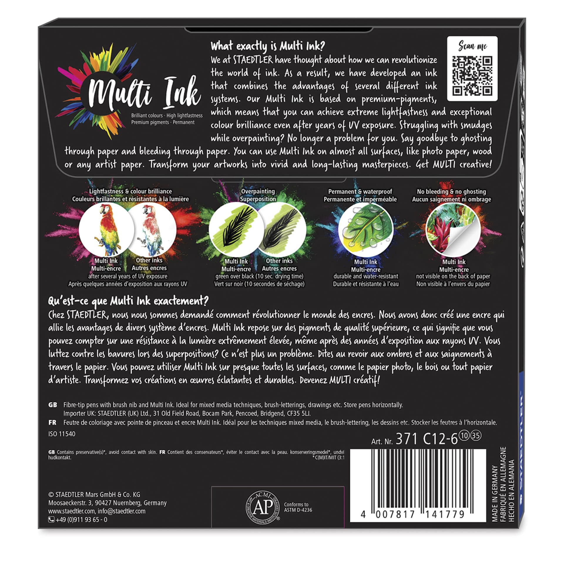 Staedtler Pigment Arts Brush Pens - Cool Colors, Set of 12, back of the packaging