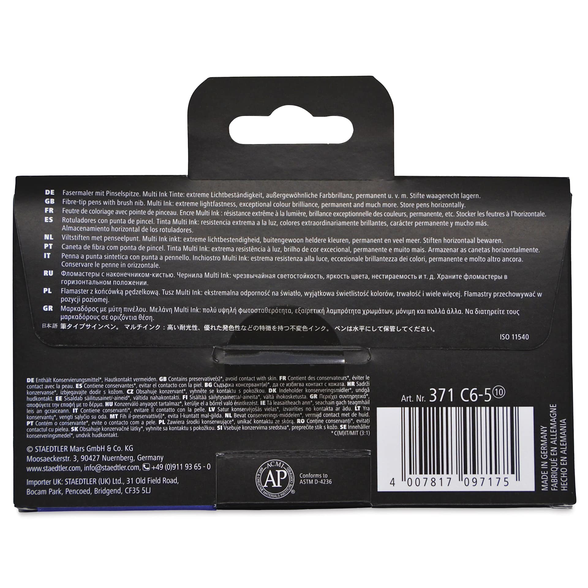 Staedtler Pigment Arts Brush Pens - Yellow and Oranges, Set of 6, back of the packaging