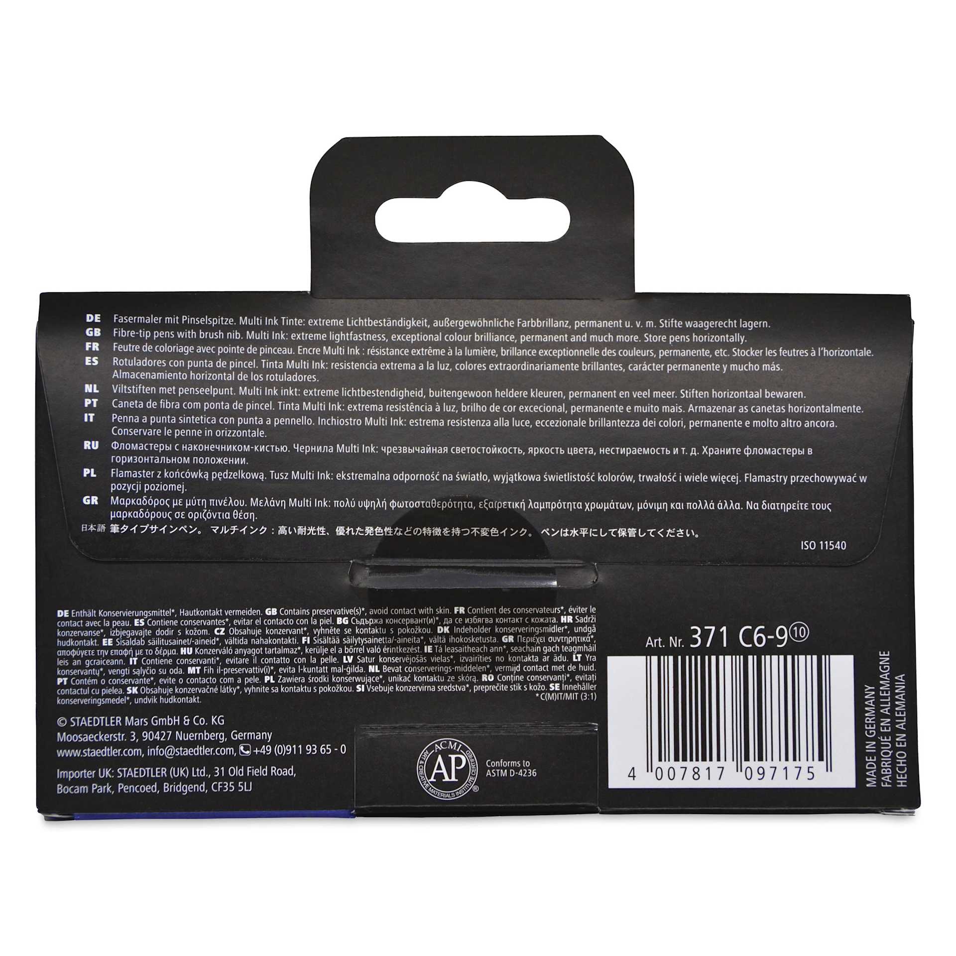 Staedtler Pigment Arts Brush Pens - Basic Colors, Set of 6, back of the packaging