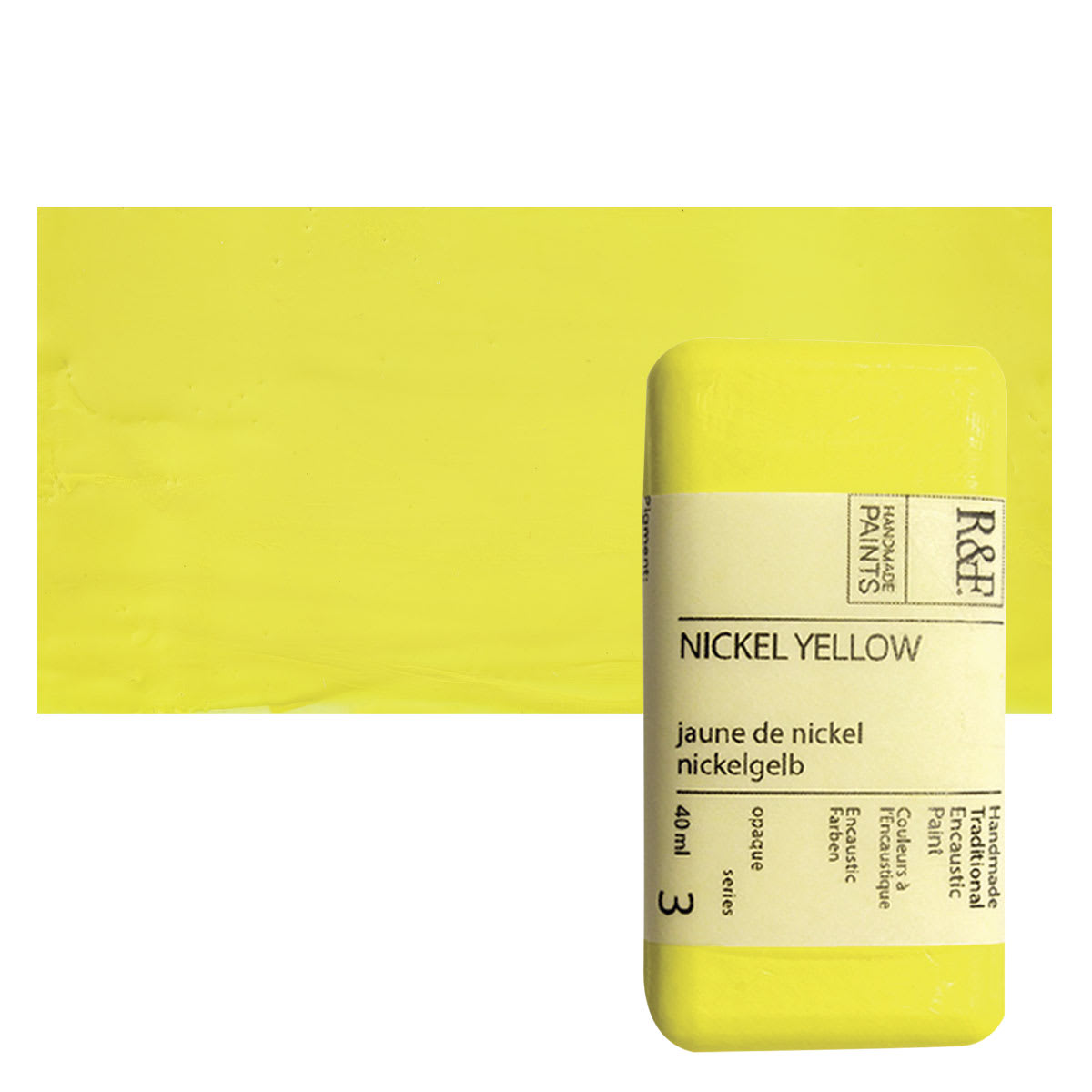 R&F Encaustic Paint Block - Nickel Yellow, 40 ml, Block and swatch