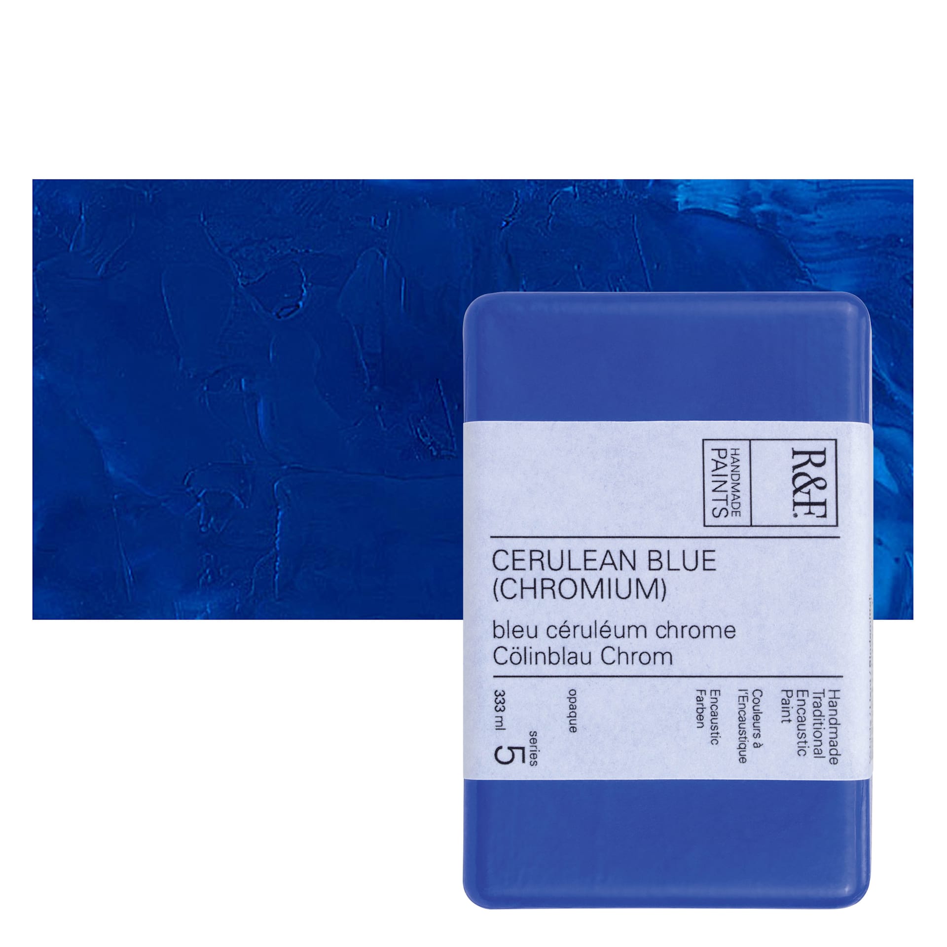 R&F Encaustic Paint Block - Cerulean Blue Chromium, 333 ml block and swatch