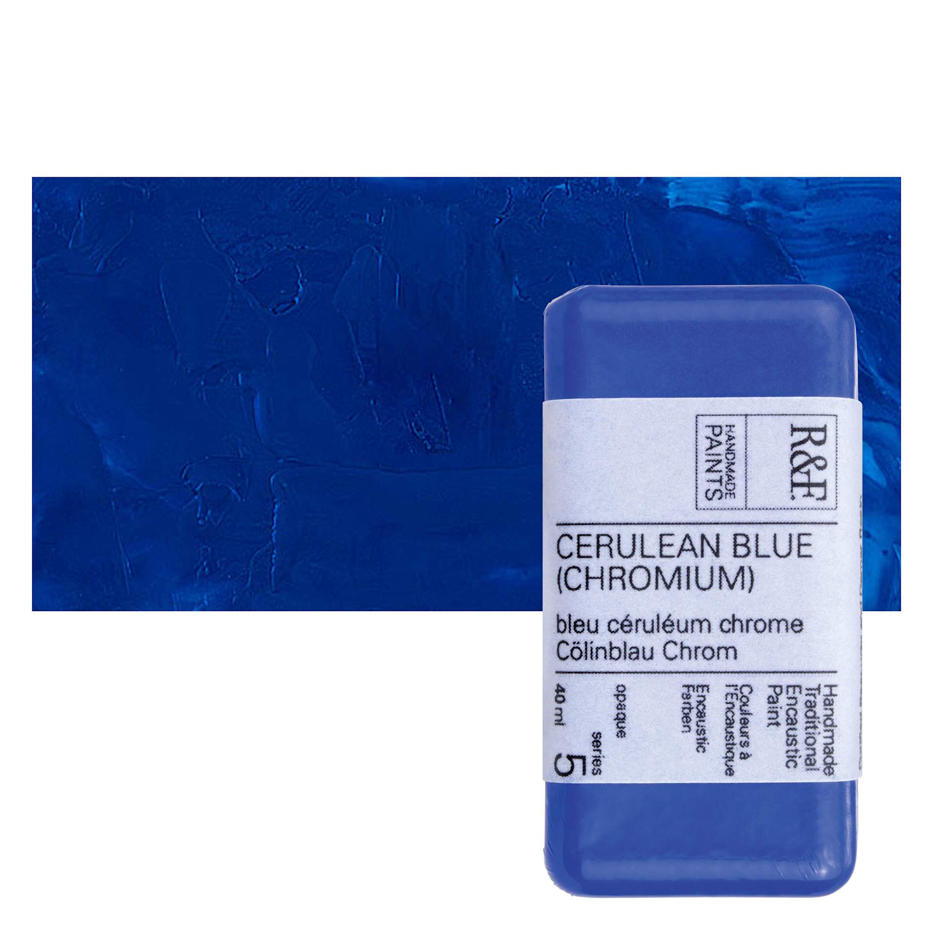 R&F Encaustic Paint Block - Cerulean Blue Chromium, 40 ml block and swatch