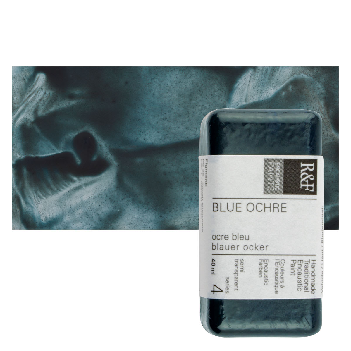 R&F Encaustic Paint Block - Blue Ochre, 40 ml block and swatch