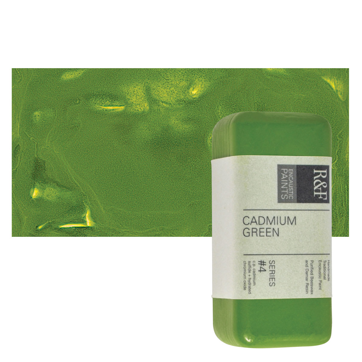 R&F Encaustic Paint Block - Cadmium Green, 104 ml block and swatch