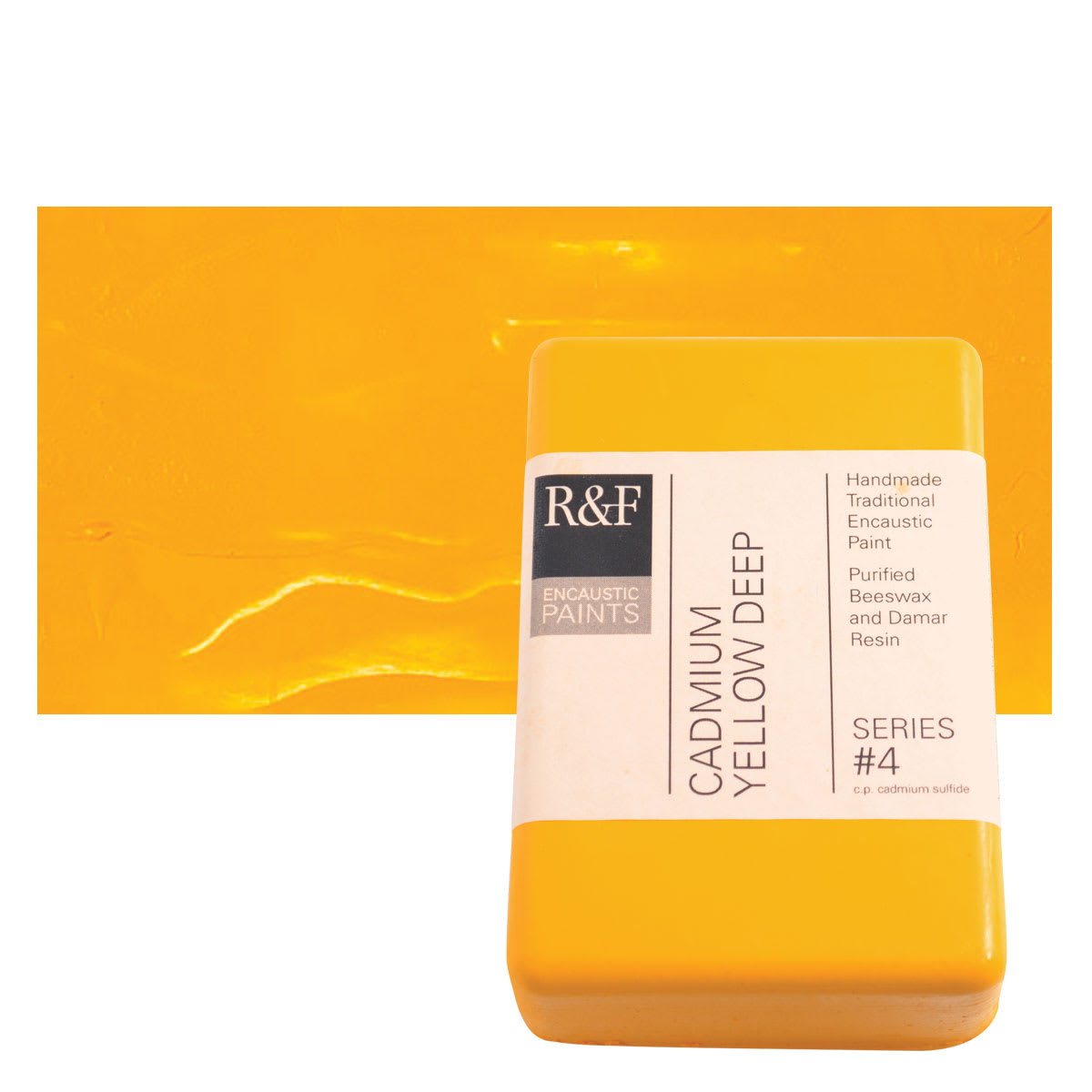 R&F Encaustic Paint Block - Cadmium Yellow Deep, 333 ml block and swatch