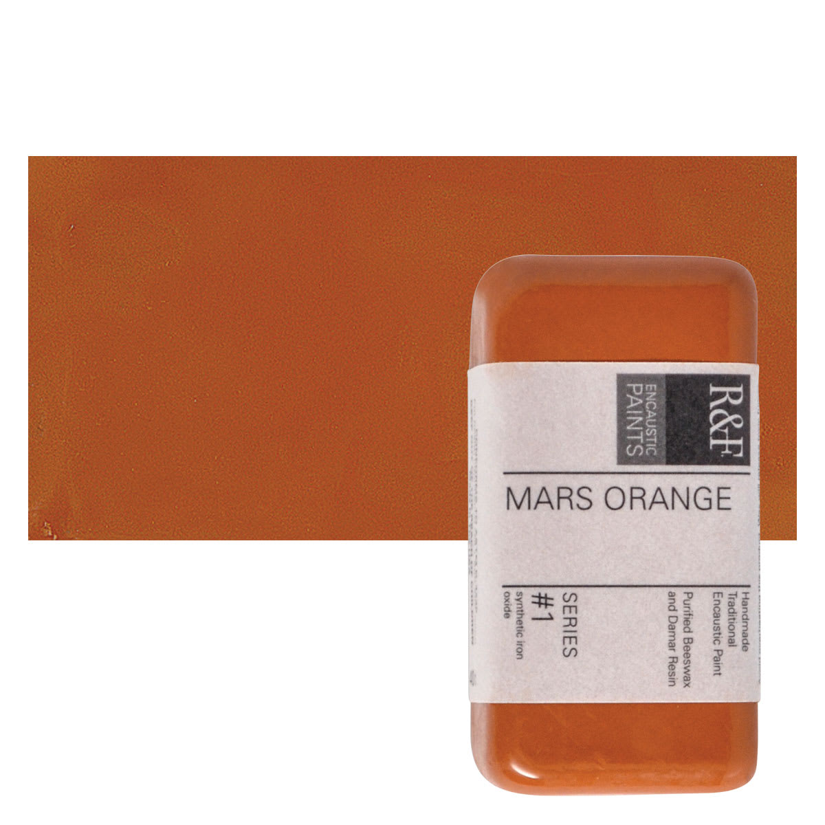 R&F Encaustic Paint Block - Mars Orange, 40 ml block and swatch