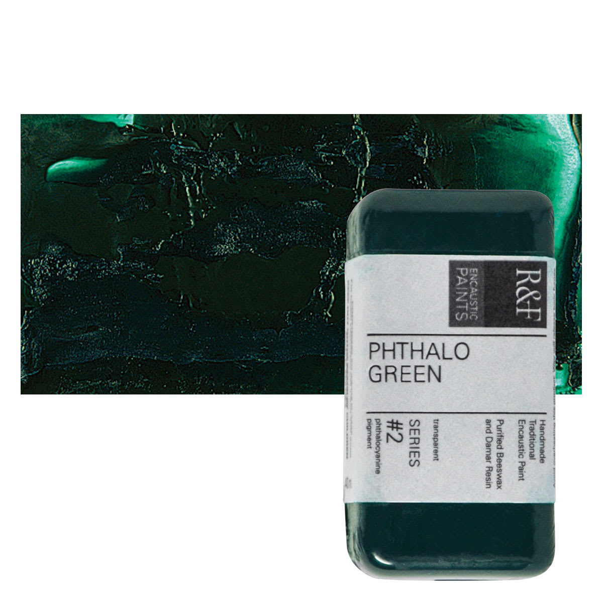 R&F Encaustic Paint Block - Phthalo Green, 40 ml block and swatch