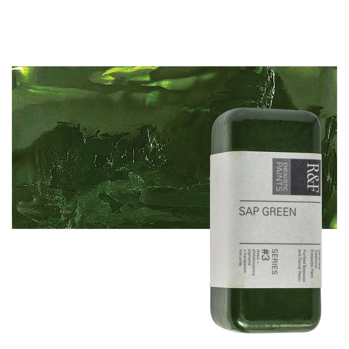 R&F Encaustic Paint Block - Sap Green, 104 ml block and swatch