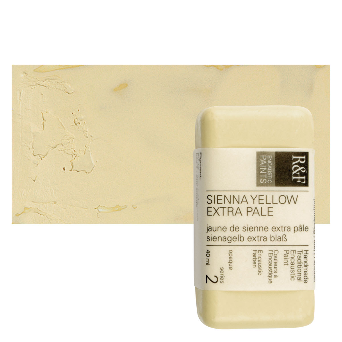 R&F Encaustic Paint Block - Sienna Yellow Extra Pale, 40 ml, Block and swatch