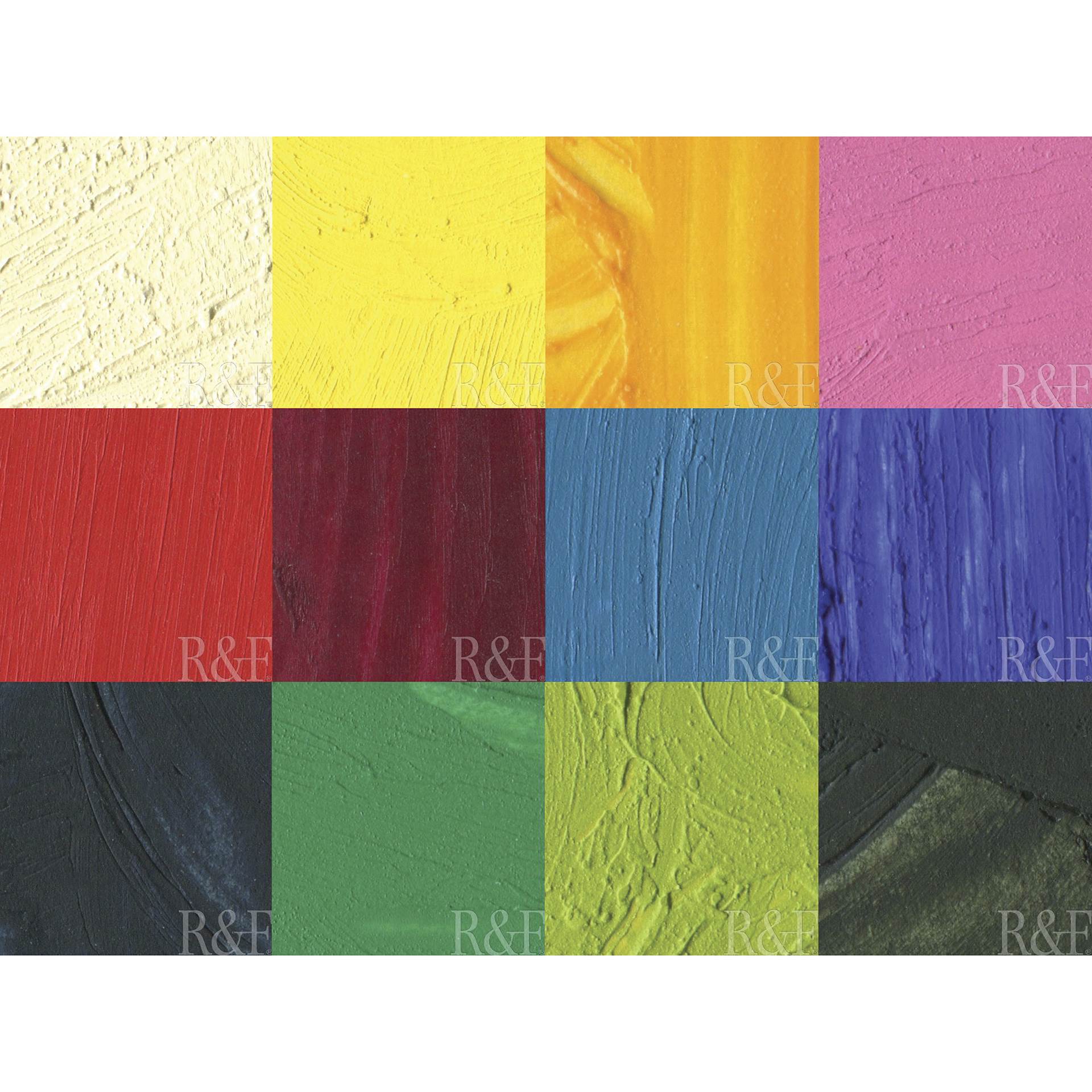 R&F Pigment Sticks - Set of 12 with Gessobord, Painter's Dozen, 38 ml, swatch grid