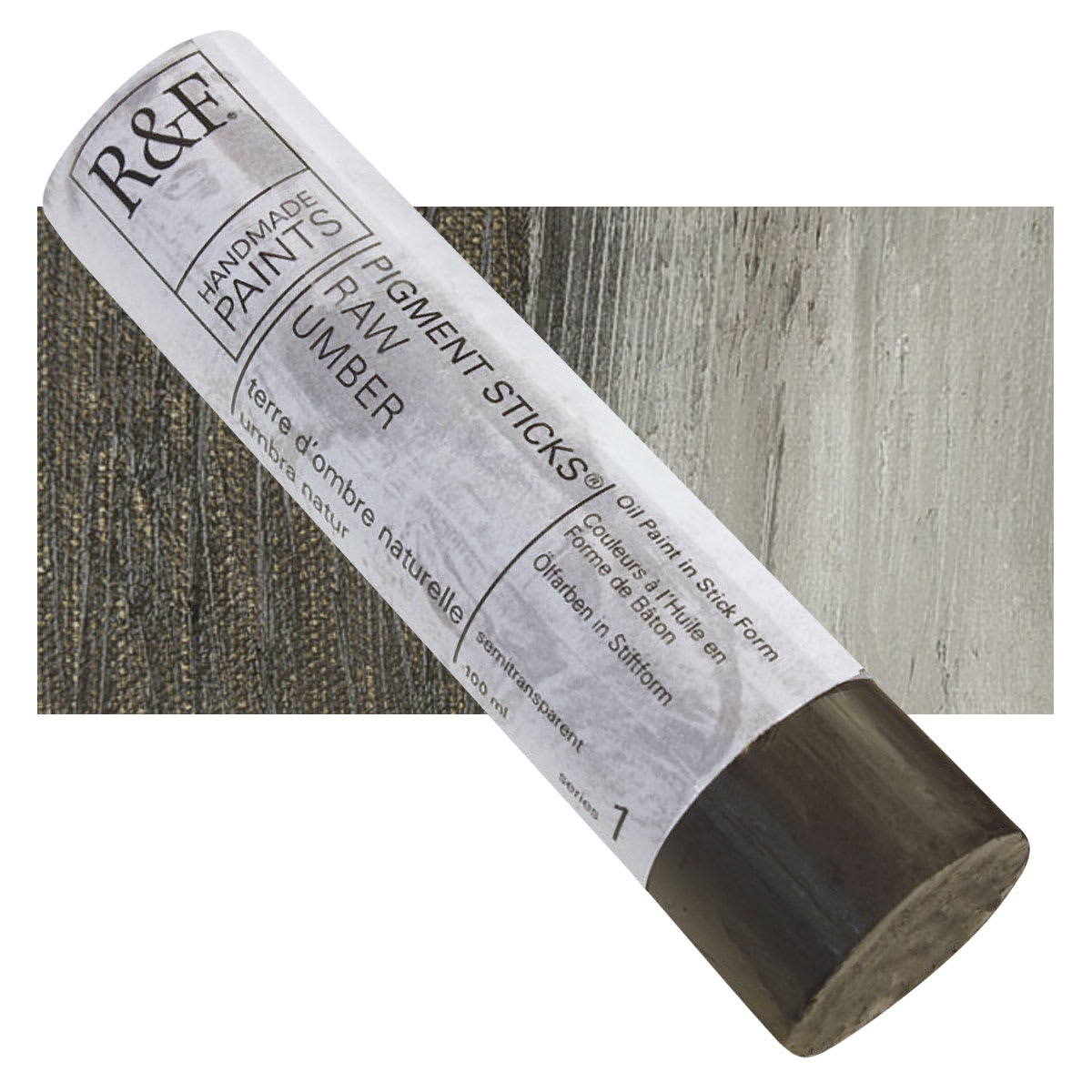 R&F Pigment Stick - Raw Umber, 100 ml stick and swatch