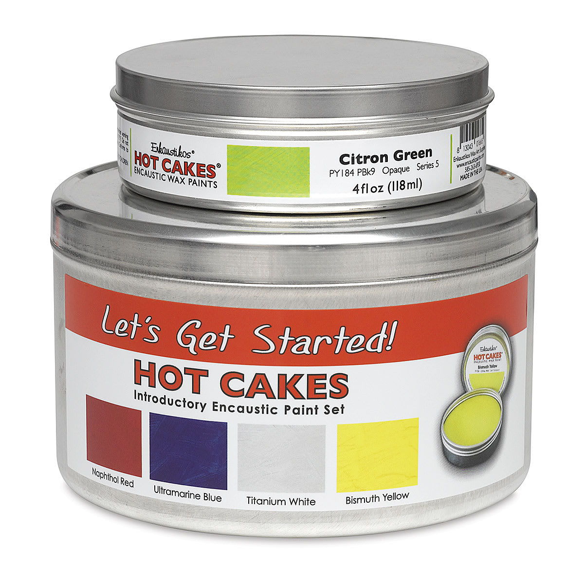 Enkaustikos Hot Cakes Encaustic Paint - Smaller tins in Largest container, large tin of Citron Green