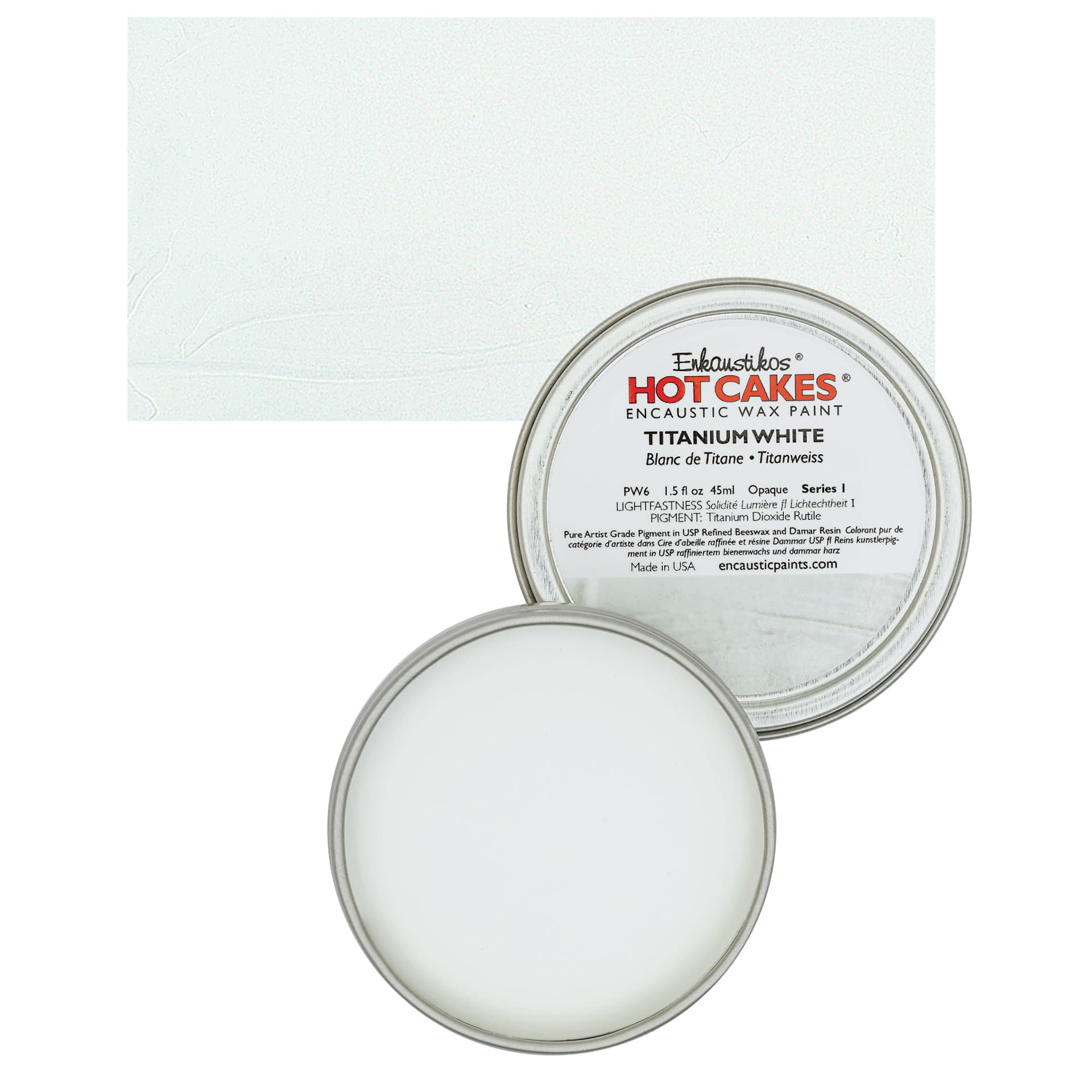Enkaustikos Hot Cakes Encaustic Wax Paint - Titanium White, 45 ml Tin and swatch