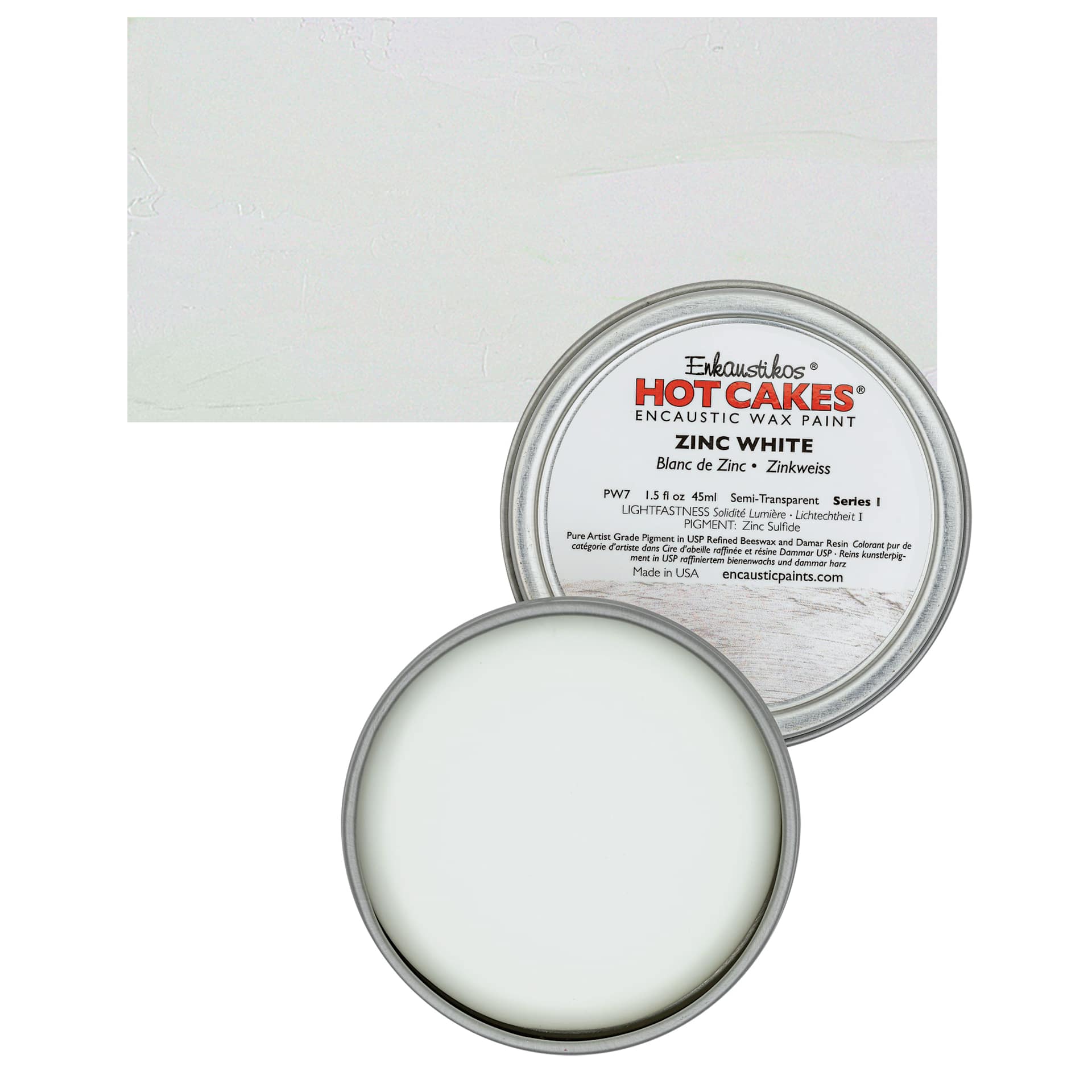 Enkaustikos Hot Cakes Encaustic Wax Paint - Zinc White, 45 ml Tin and swatch
