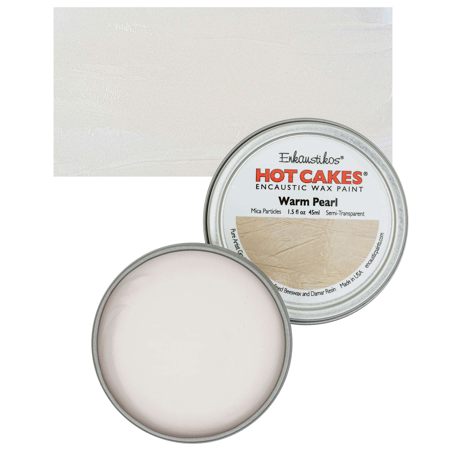 Enkaustikos Hot Cakes Encaustic Wax Paint - Warm Pearl, 45 ml Tin and swatch