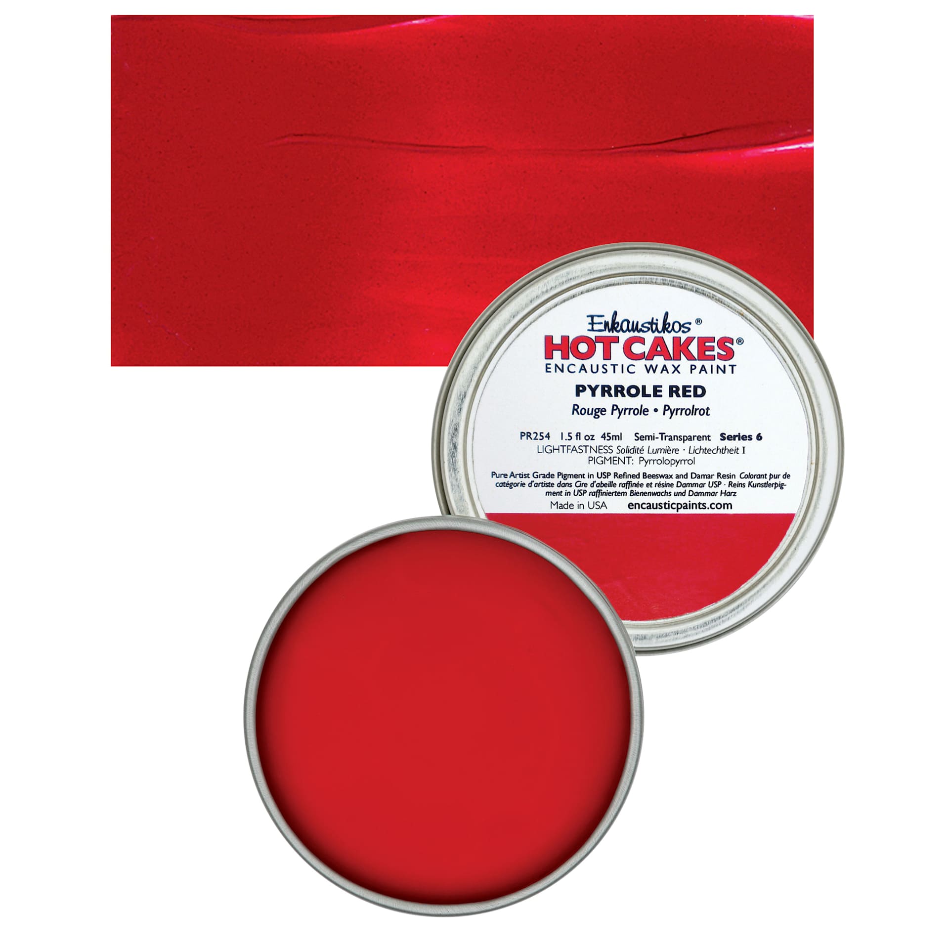 Enkaustikos Hot Cakes Encaustic Wax Paint - Pyrrole Red, 45 ml tin and swatch