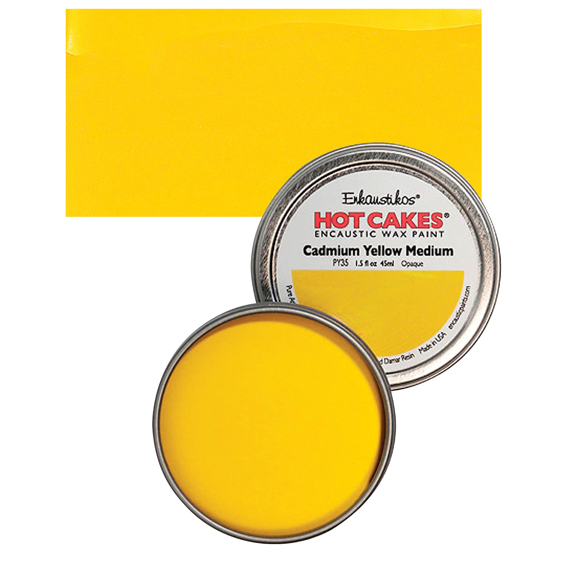 Enkaustikos Hot Cakes Encaustic Wax Paint - Cadmium Yellow Medium, 45 ml tin and swatch