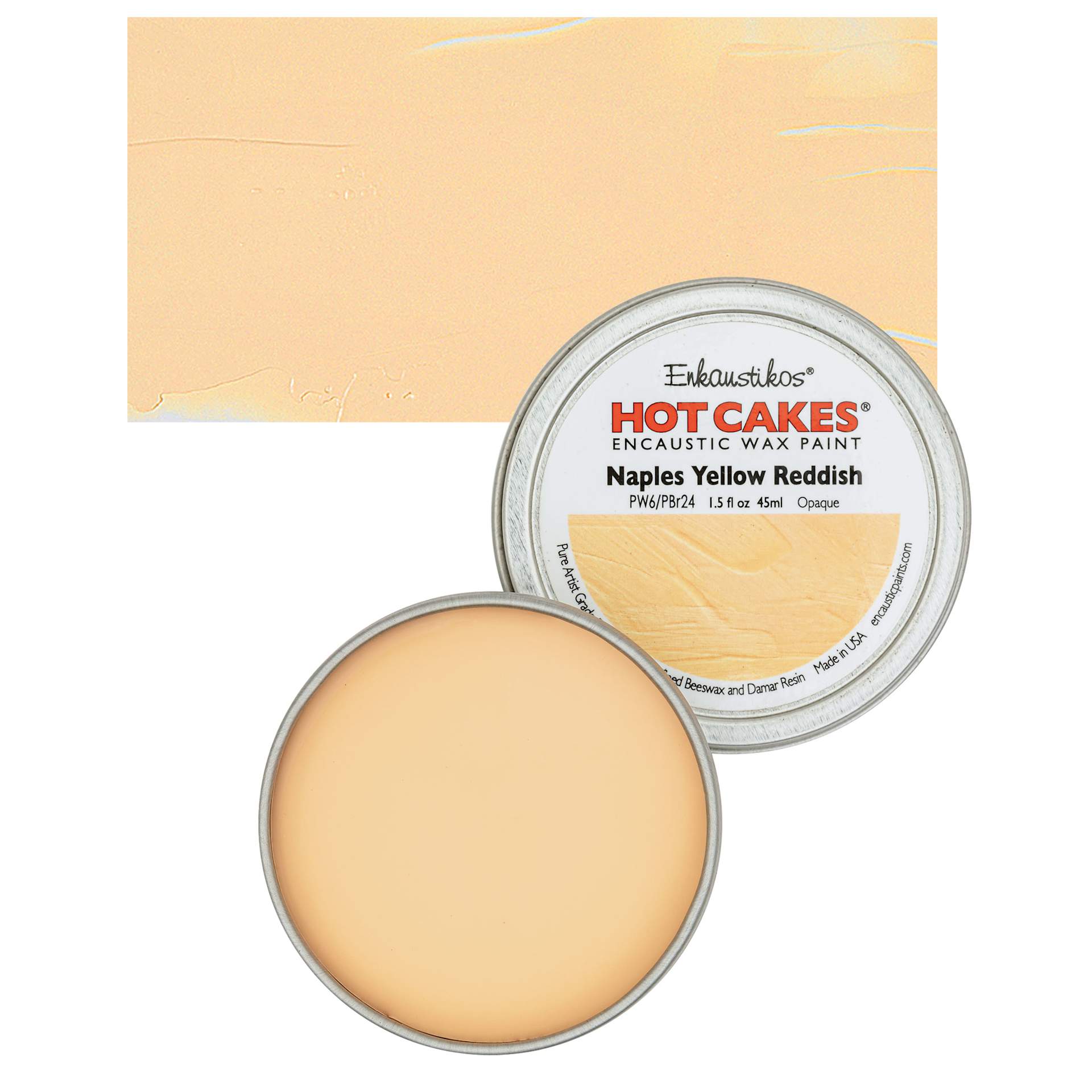 Enkaustikos Hot Cakes Encaustic Wax Paint - Naples Yellow Reddish, 45 ml tin and swatch