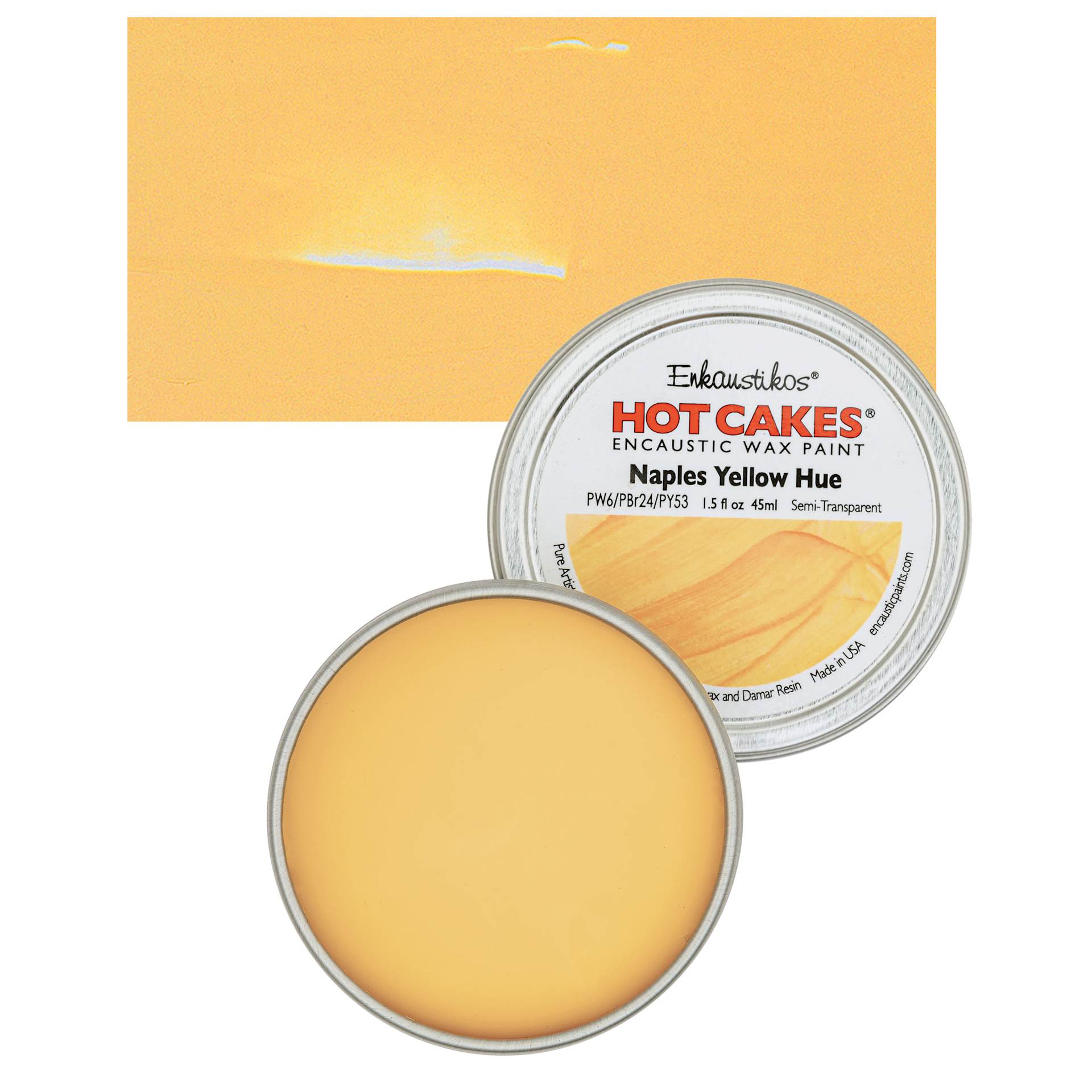Enkaustikos Hot Cakes Encaustic Wax Paint - Naples Yellow Hue, 45 ml tin and swatch