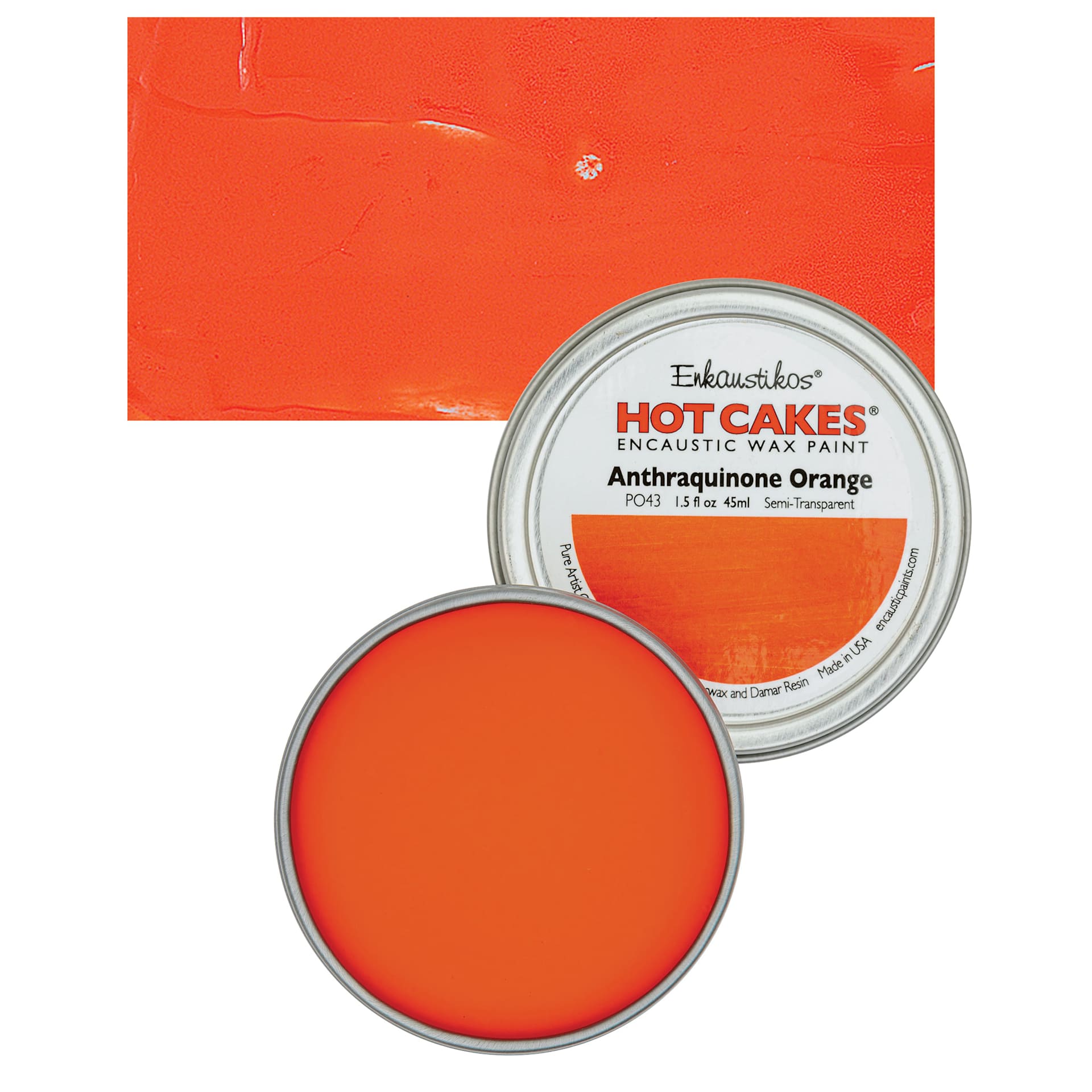 Enkaustikos Hot Cakes Encaustic Wax Paint - Anthraquinone Orange, 45 ml tin and swatch