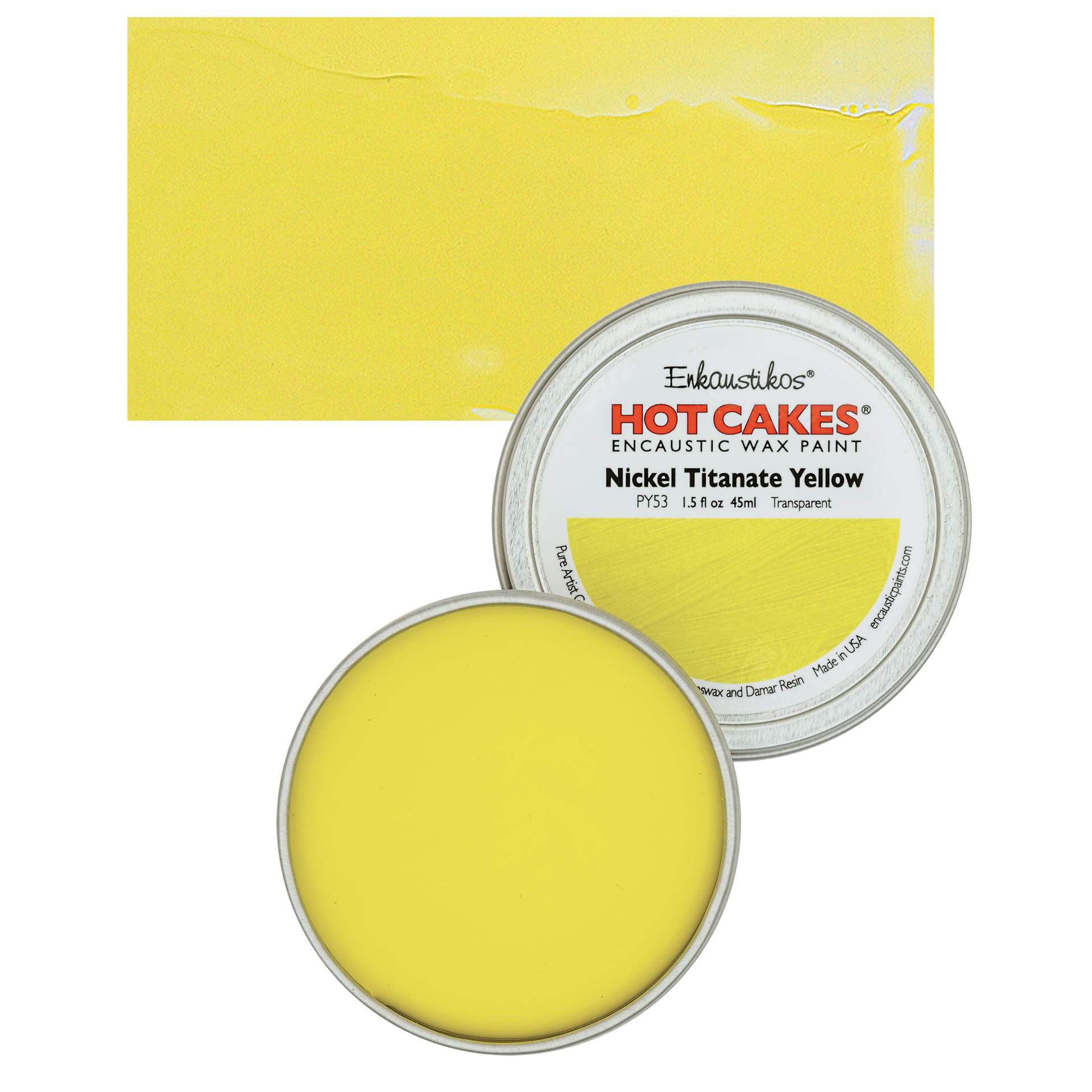 Enkaustikos Hot Cakes Encaustic Wax Paint - Nickel Titanate Yellow, 45 ml tin and swatch