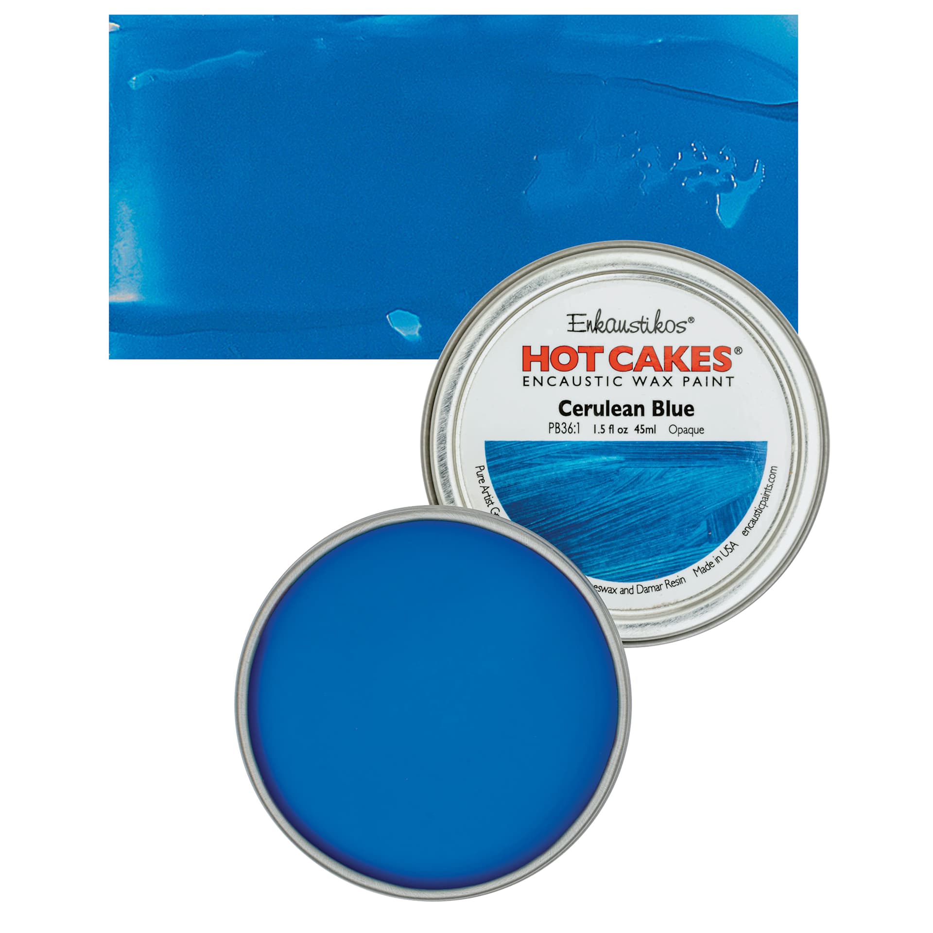 Enkaustikos Hot Cakes Encaustic Wax Paint - Cerulean Blue, 45 ml tin and swatch