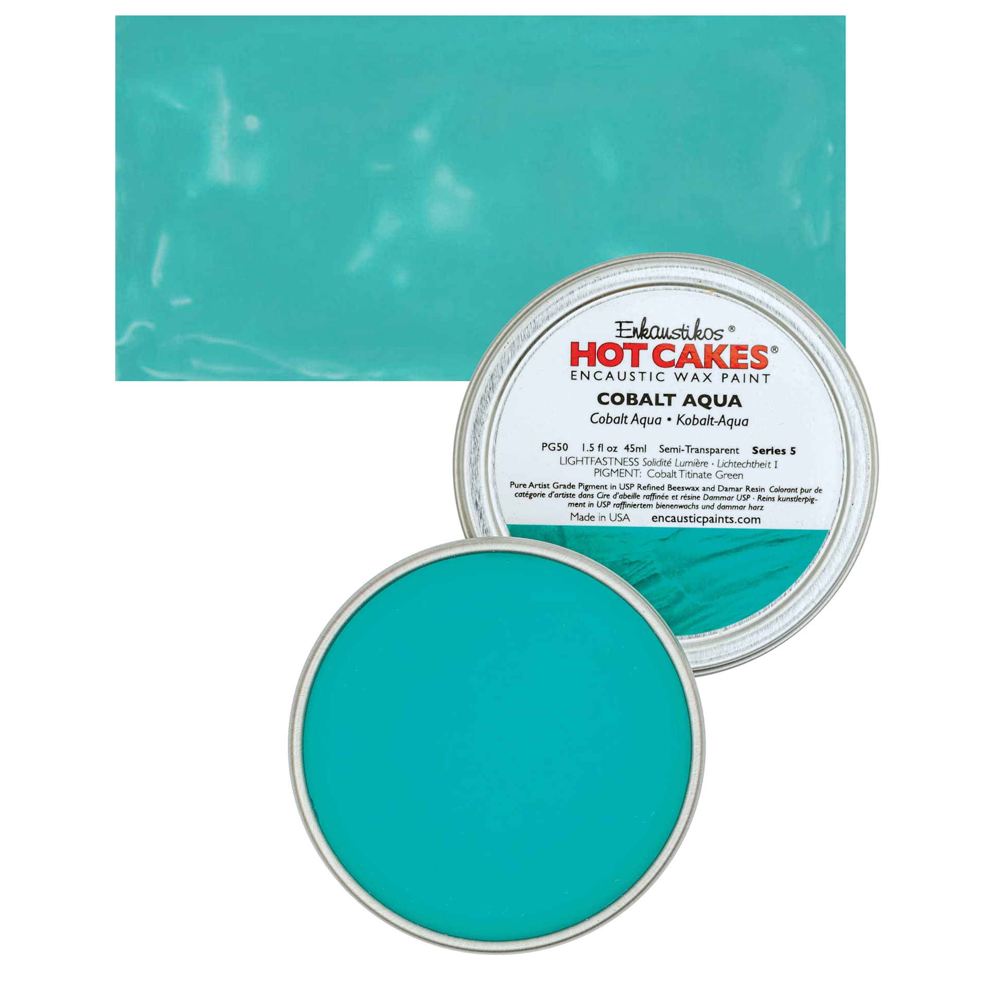 Enkaustikos Hot Cakes Encaustic Wax Paint - Cobalt Aqua, 45 ml tin and swatch