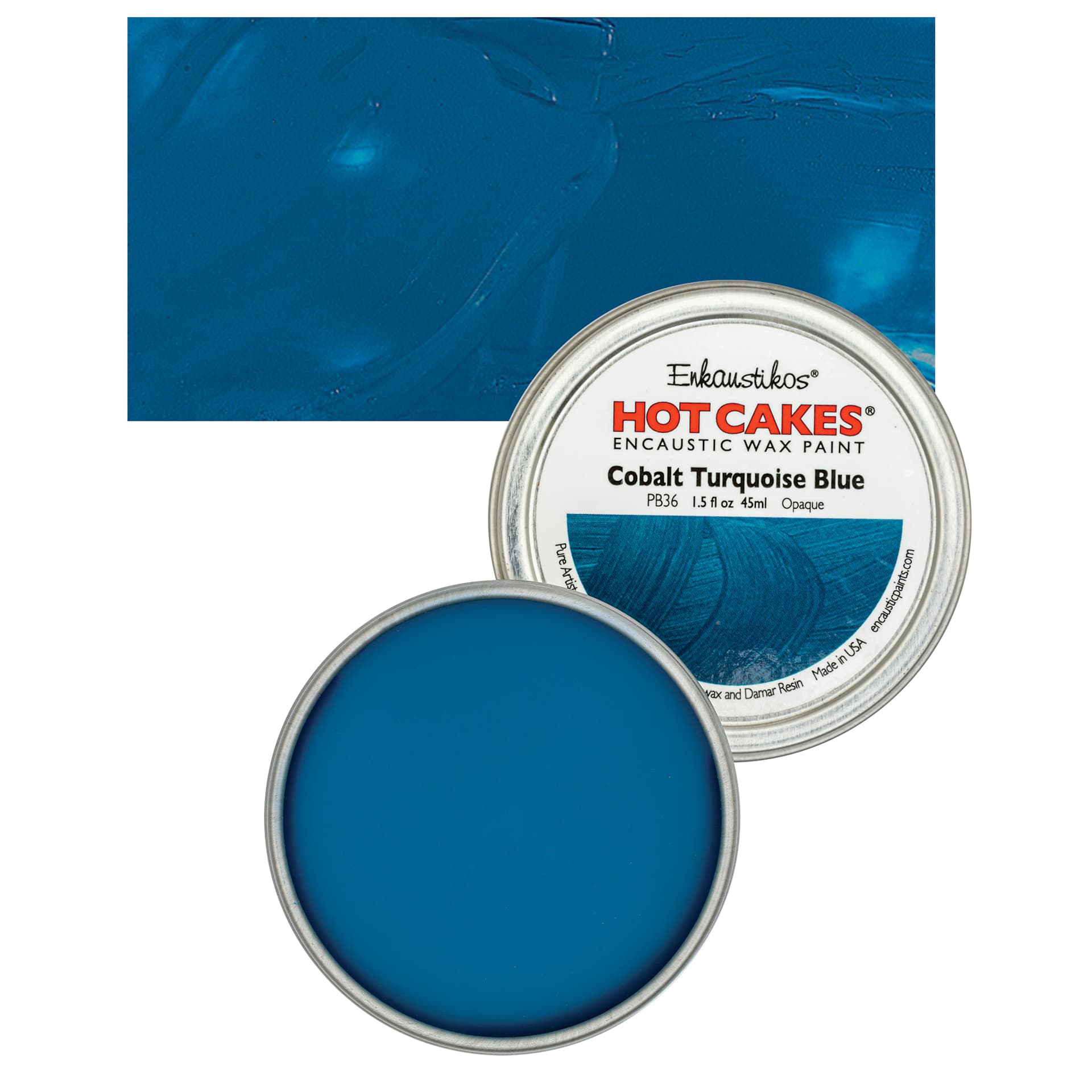 Enkaustikos Hot Cakes Encaustic Wax Paint - Cobalt Turquoise Blue, 45 ml tin and swatch