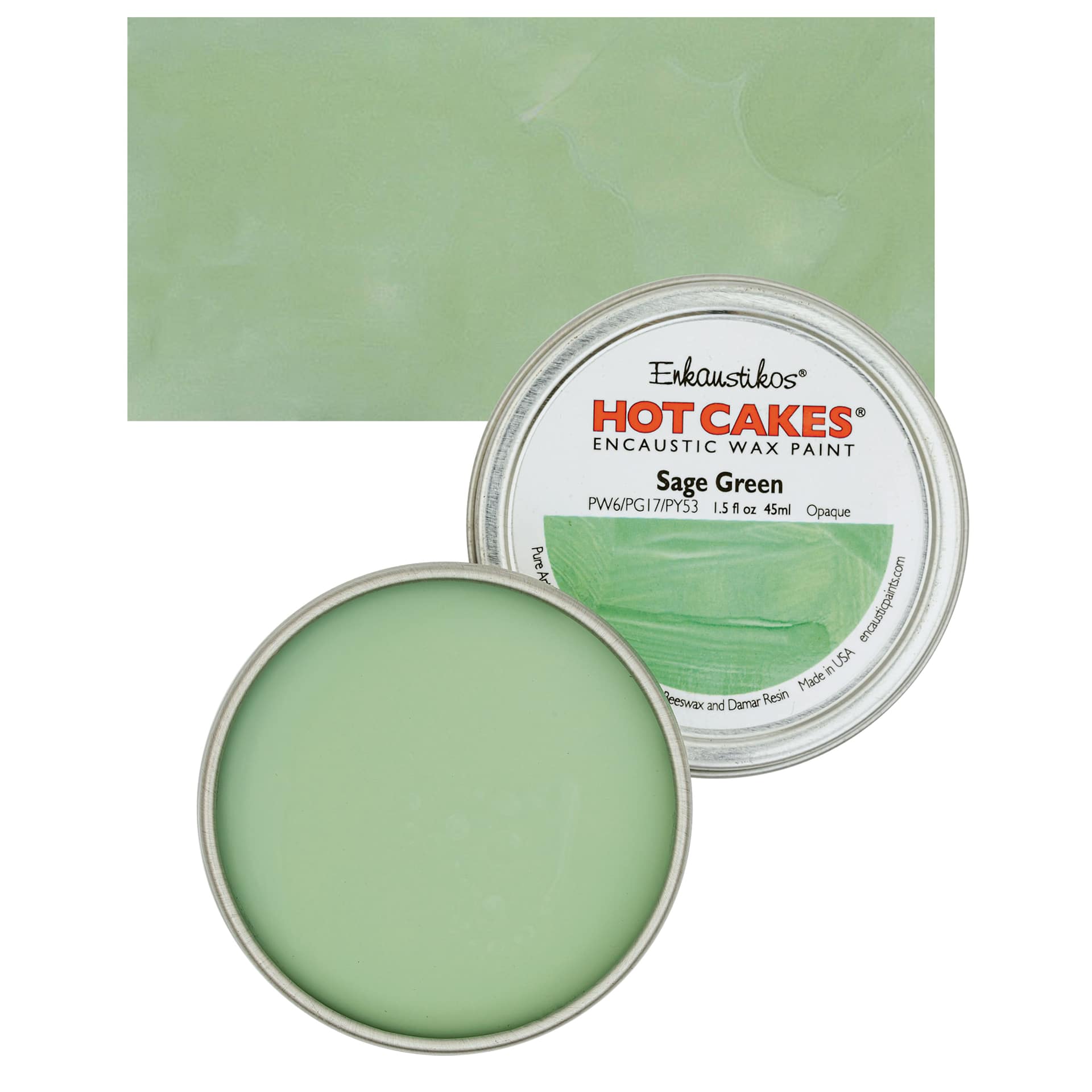 Enkaustikos Hot Cakes Encaustic Wax Paint - Sage Green, 45 ml tin and swatch
