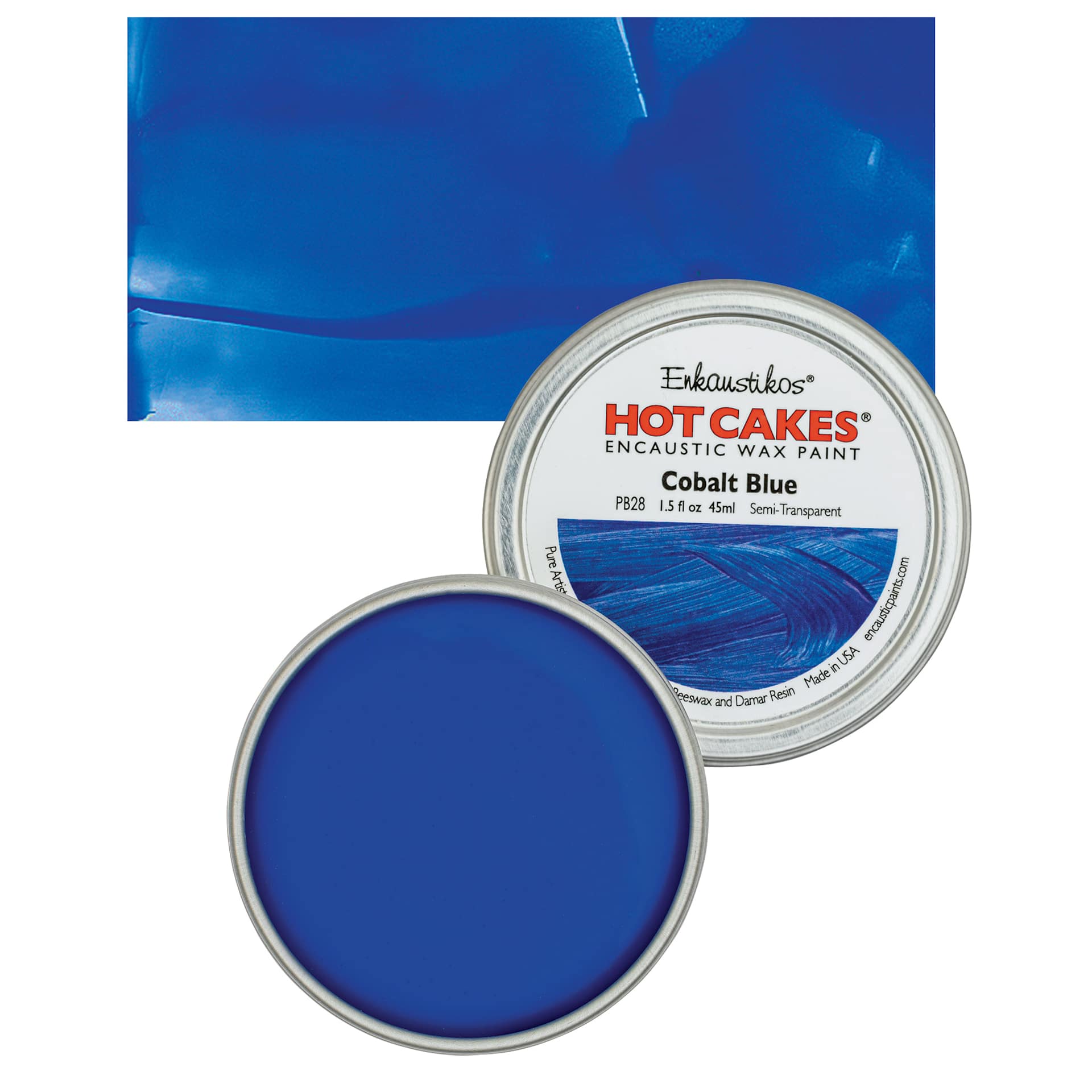 Enkaustikos Hot Cakes Encaustic Wax Paint - Cobalt Blue, 45 ml tin and swatch