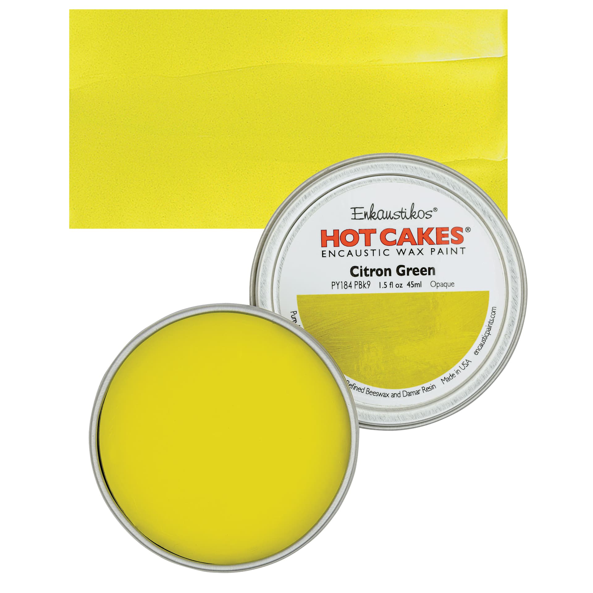 Enkaustikos Hot Cakes Encaustic Wax Paint - Citron Green, 45 ml tin and swatch