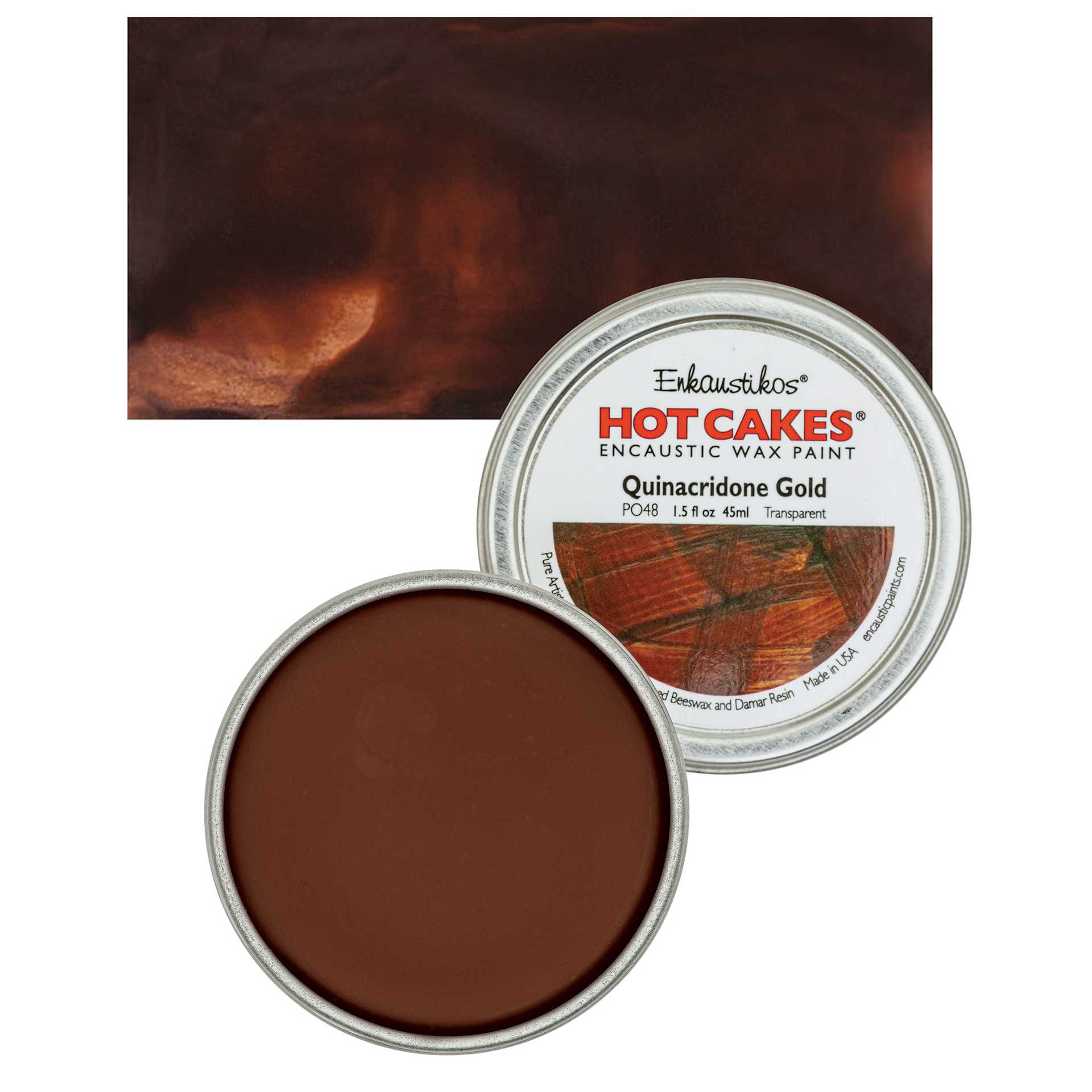 Enkaustikos Hot Cakes Encaustic Wax Paint - Quinacridone Gold, 45 ml tin and swatch
