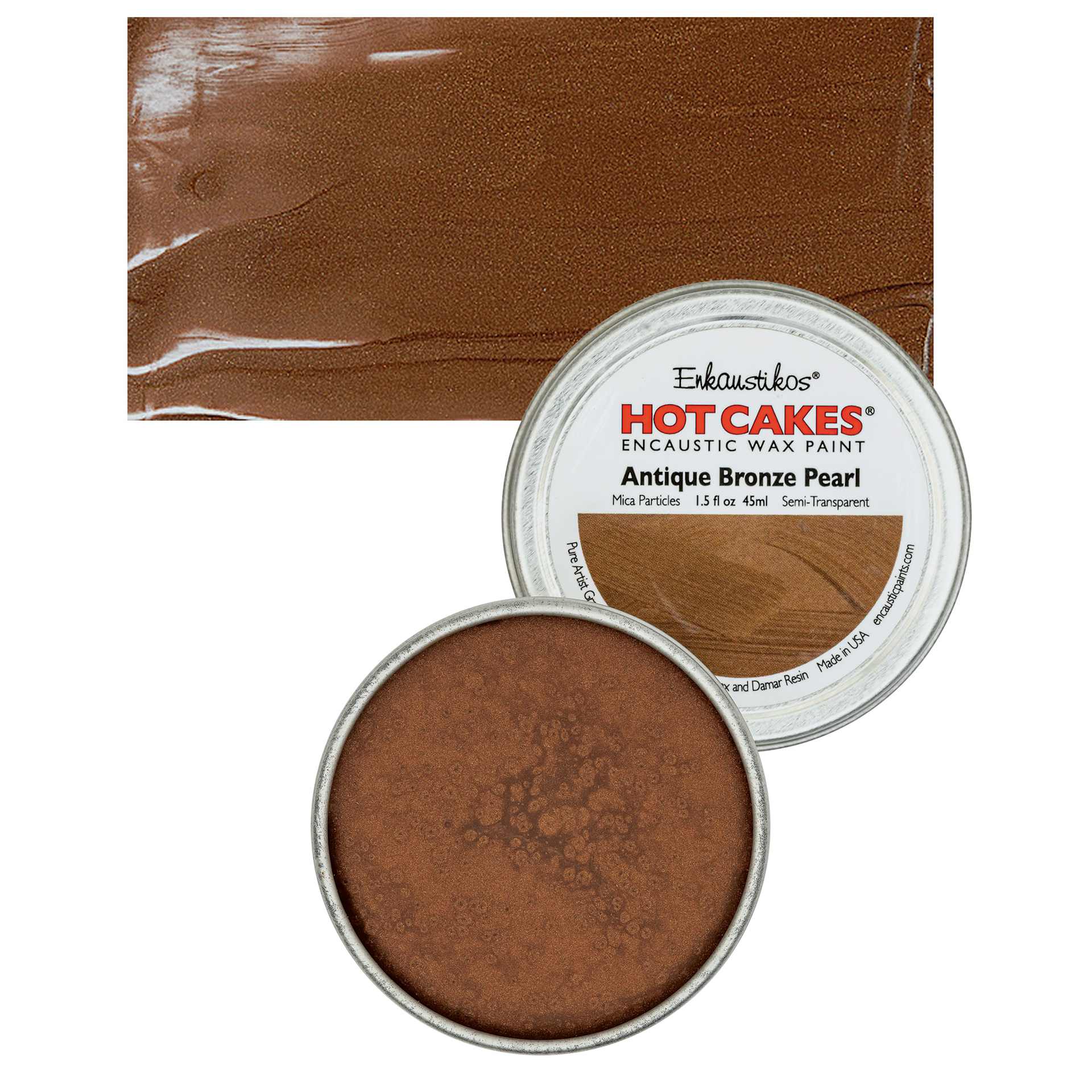 Enkaustikos Hot Cakes Encaustic Wax Paint - Antique Bronze Pearl, 45 ml tin and swatch