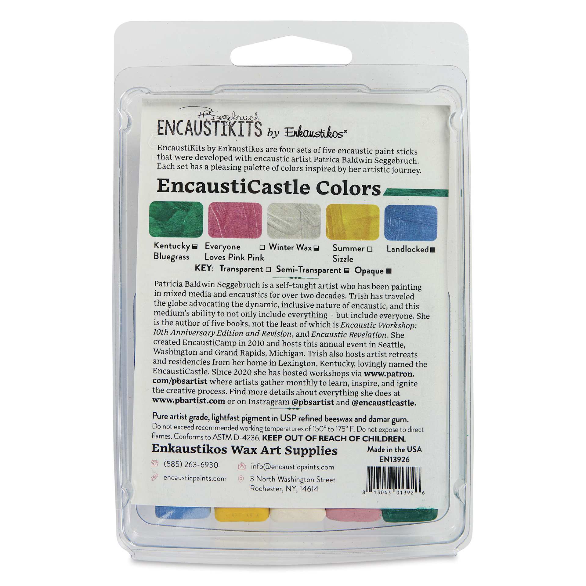 Enkaustikos Hot Sticks Encaustic Paints - Set of 5, Patricia Seggebruch Encasticastle, 13 ml stick back of package