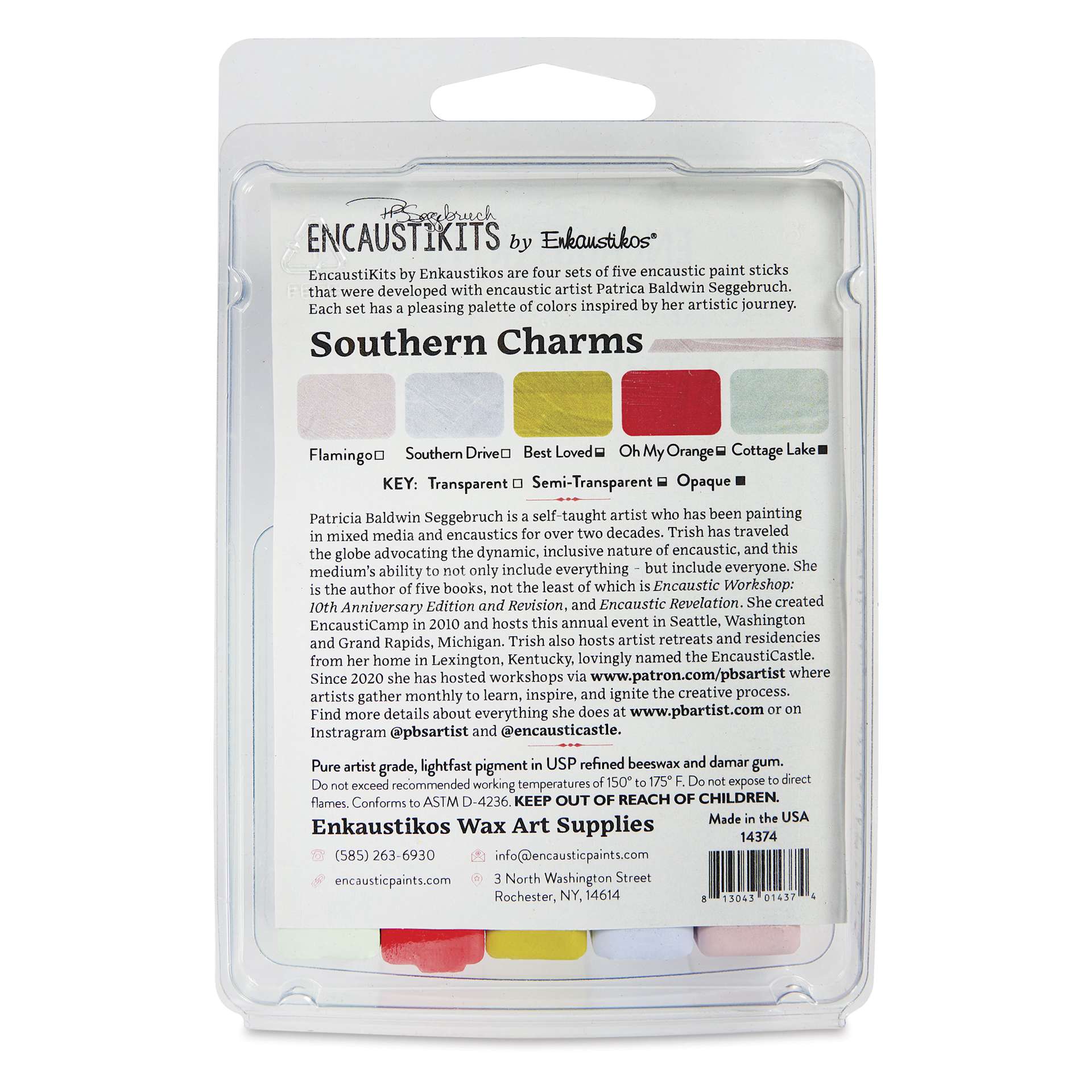 Enkaustikos Hot Sticks Encaustic Paints - Set of 5, Patricia Seggebruch Southern Charm, 13 ml stick back of package