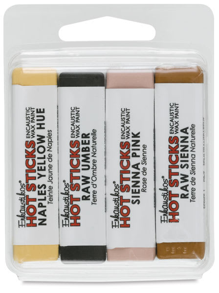 Enkaustikos Hot Sticks Encaustic Paint Sets - Front of package of 5 pc Warm Set