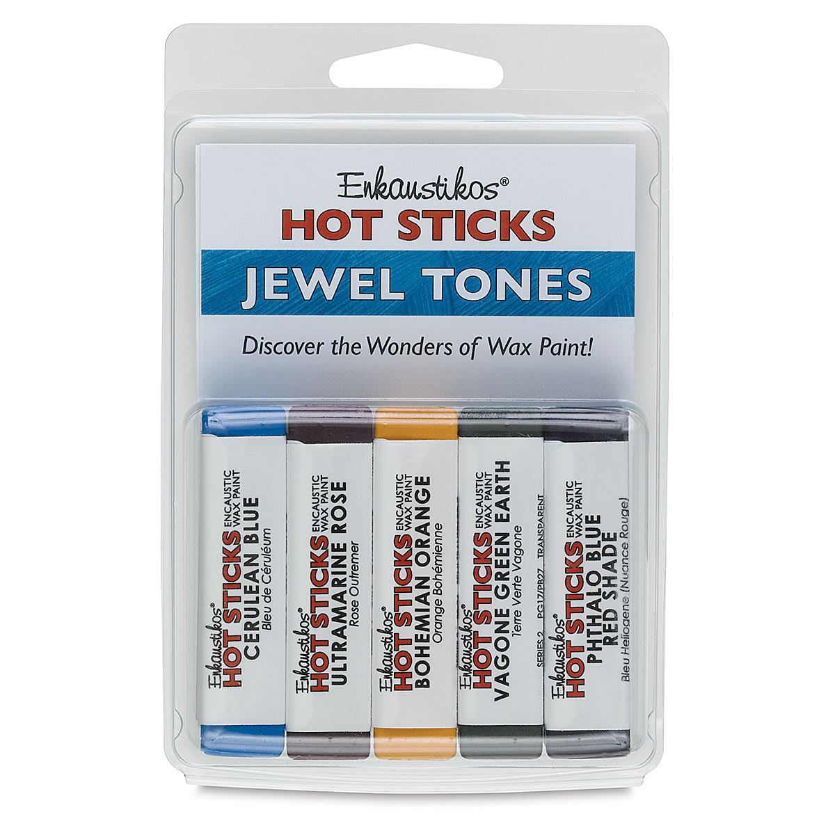 Enkaustikos Hot Sticks Encaustic Paint Sets - Front of package of 5 pc Jewel Tones Set