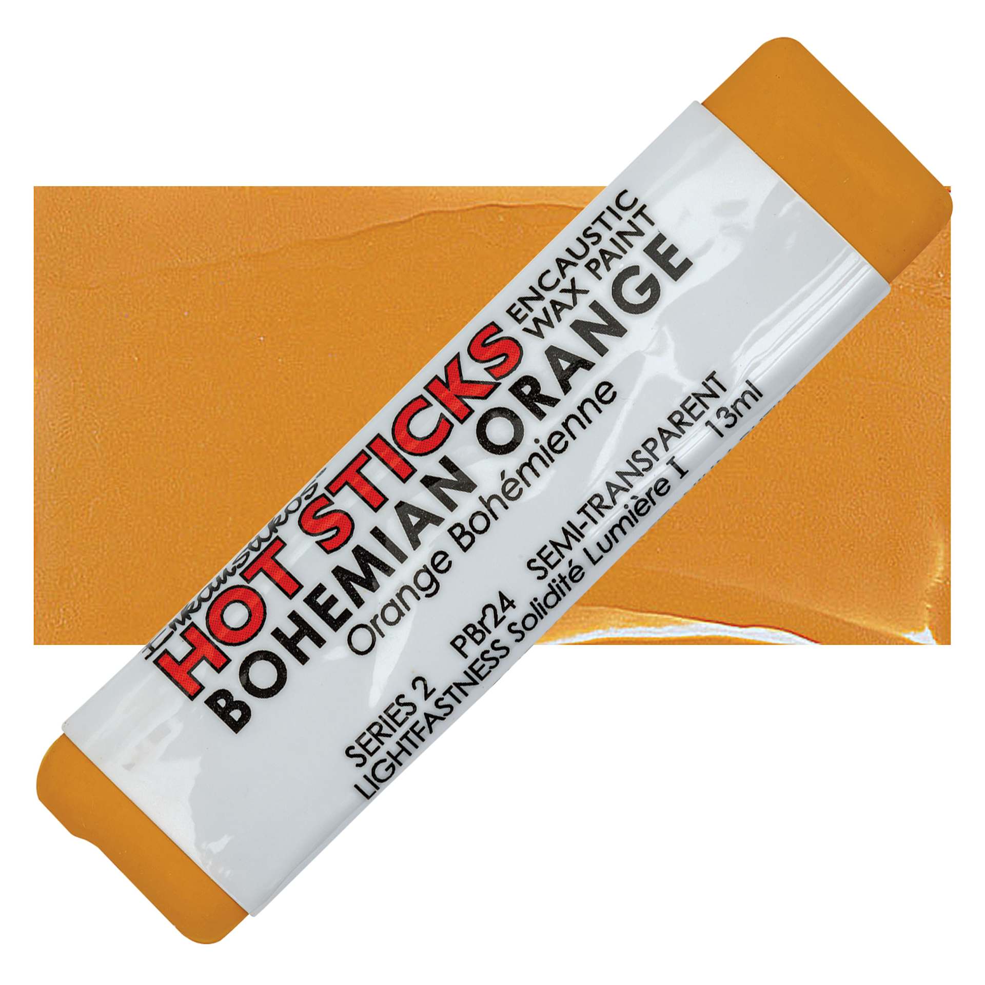 Enkaustikos Hot Sticks Encaustic Wax Paint - Bohemian Orange, 13 ml stick and swatch