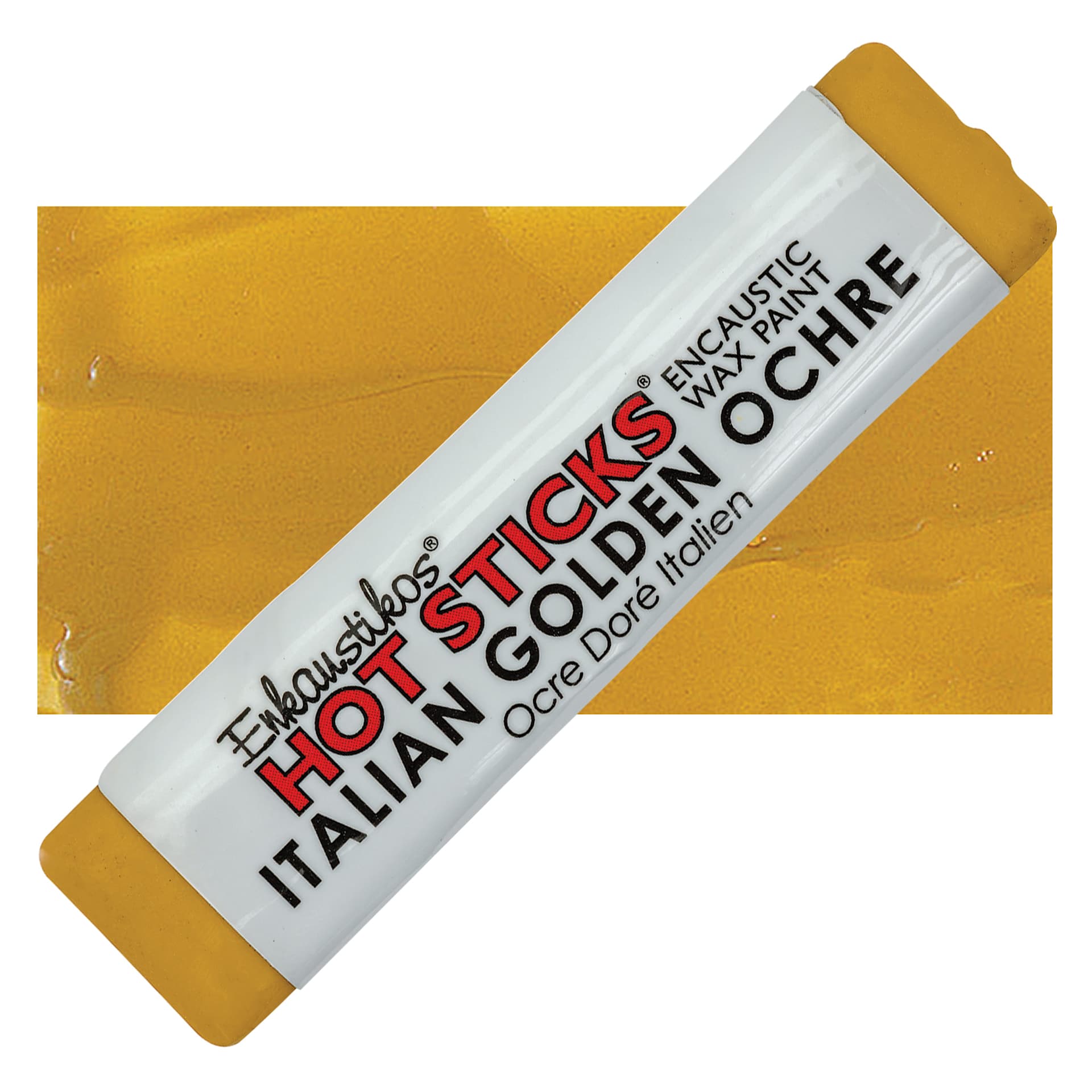 Enkaustikos Hot Sticks Encaustic Wax Paint - Italian Golden Ochre, 13 ml stick and swatch