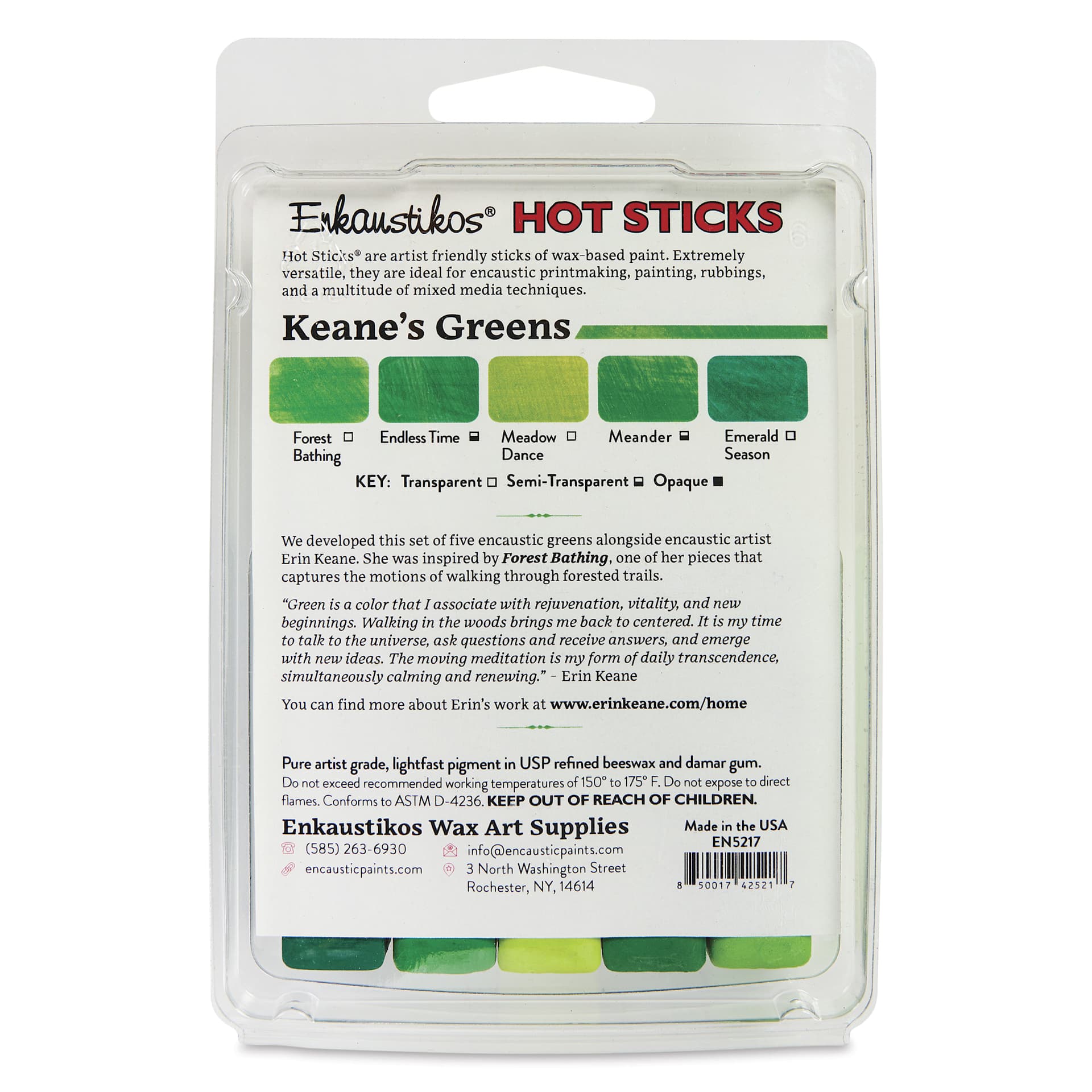 Enkaustikos Hot Sticks Encaustic Paints - Set of 5, Keane's Greens, 13 ml back of package