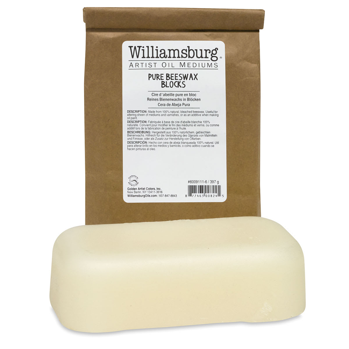 Williamsburg Pure Beeswax - Front of package with Block of Beeswax in front
