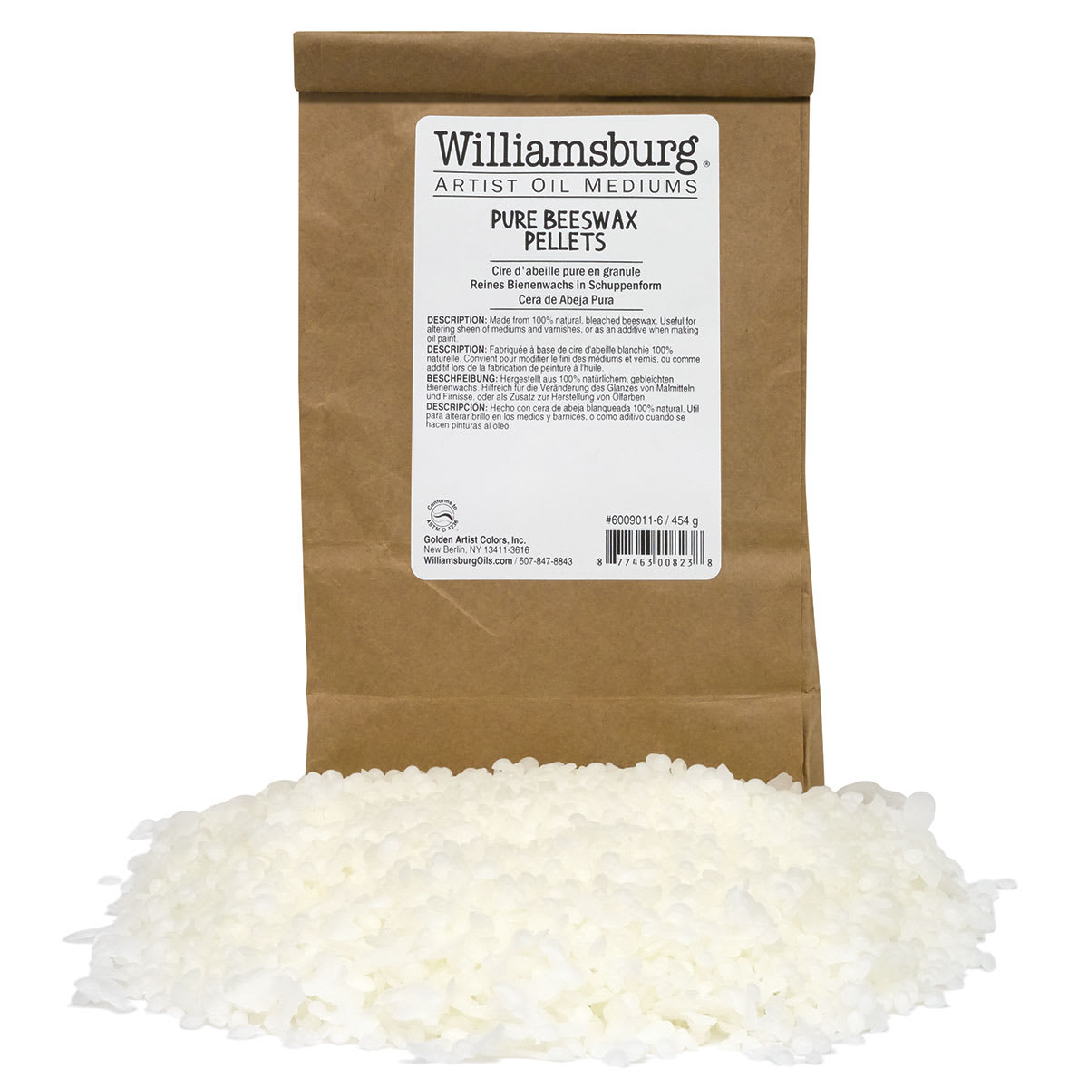 Williamsburg Pure Beeswax - Front of package with Pellets of Beeswax in front