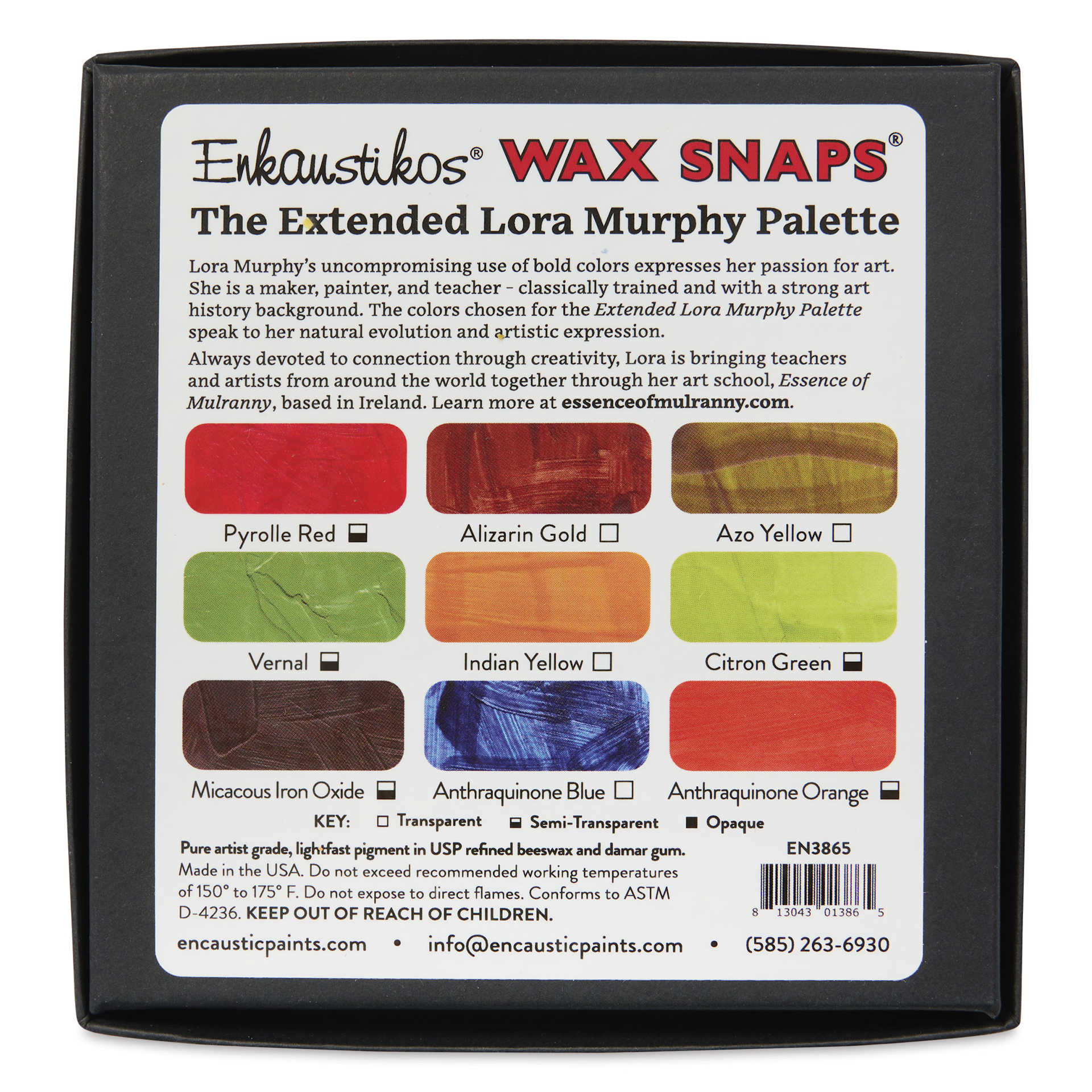 Enkaustikos Wax Snaps Encaustic Paints - Set of 9, Lora Murphy Extended, 13 ml back of package