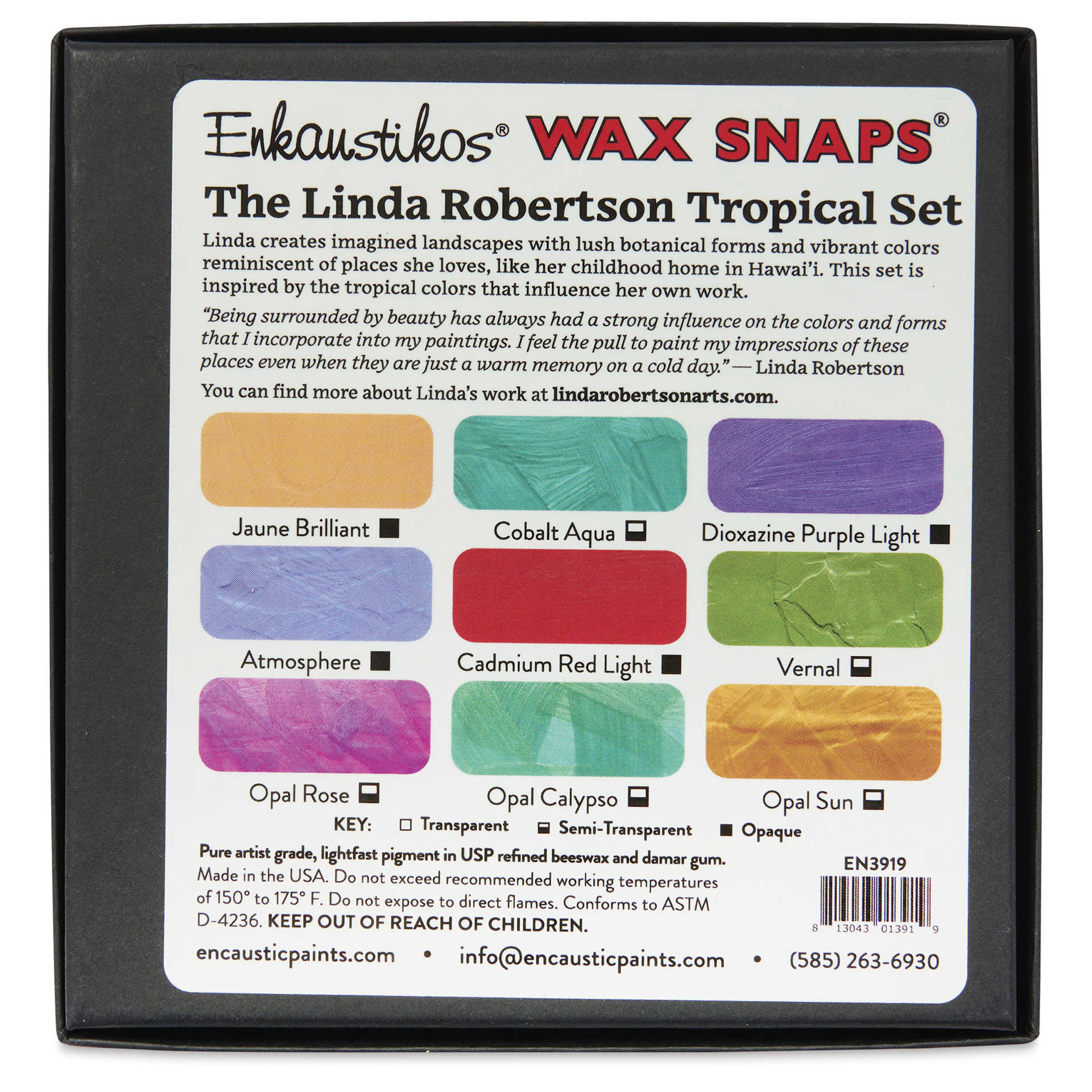 Enkaustikos Wax Snaps Encaustic Paints - Set of 9, Linda Robertson Tropical, 13 ml back of package