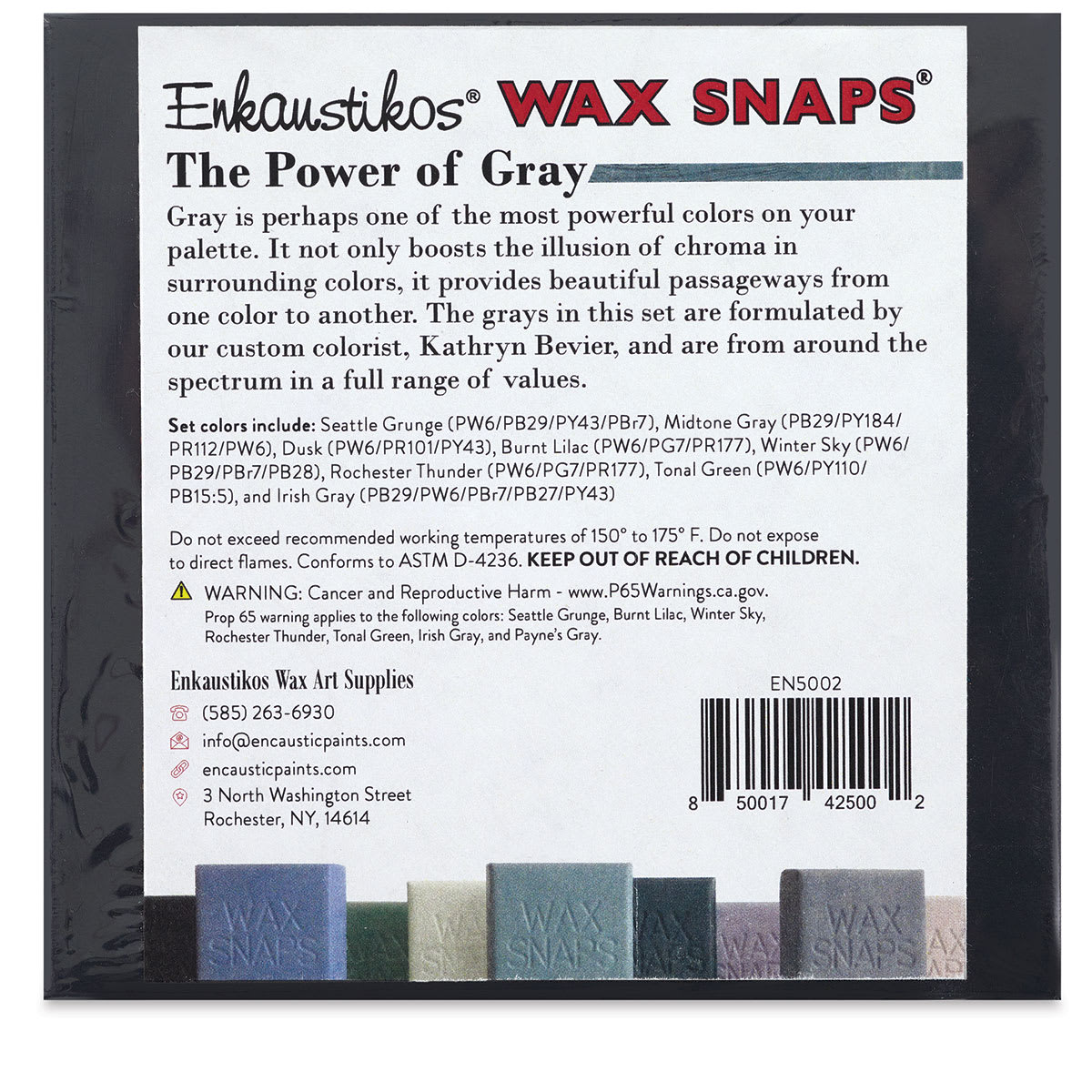 Enkaustikos Wax Snaps Encaustic Paints - The Power of Gray, Set of 9, Back of set box.