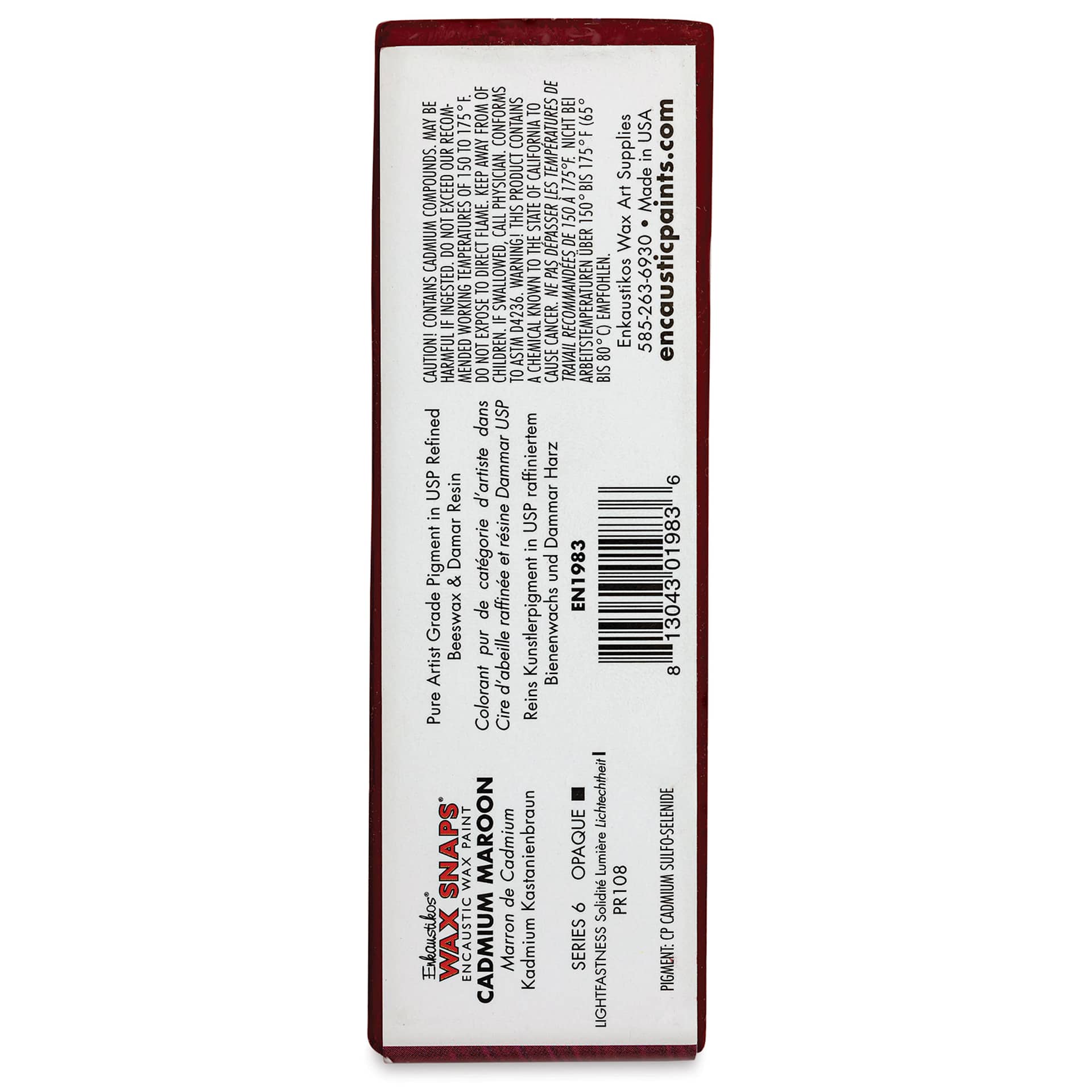 Enkaustikos Wax Snaps Encaustic Paints - Cadmium Maroon, 40 ml cake back of package