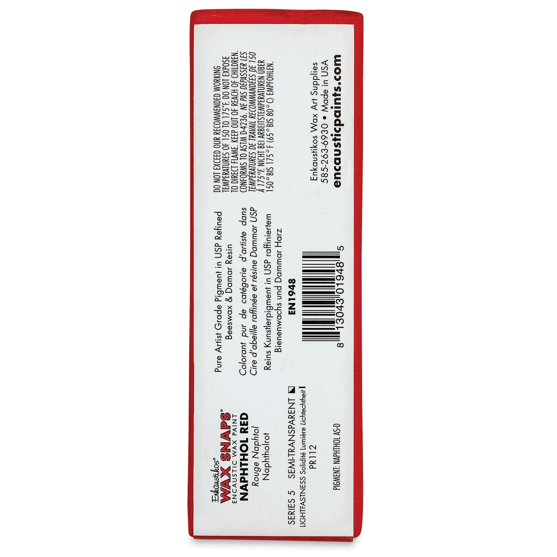 Enkaustikos Wax Snaps Encaustic Paints - Naphthol Red, 40 ml cake back of package