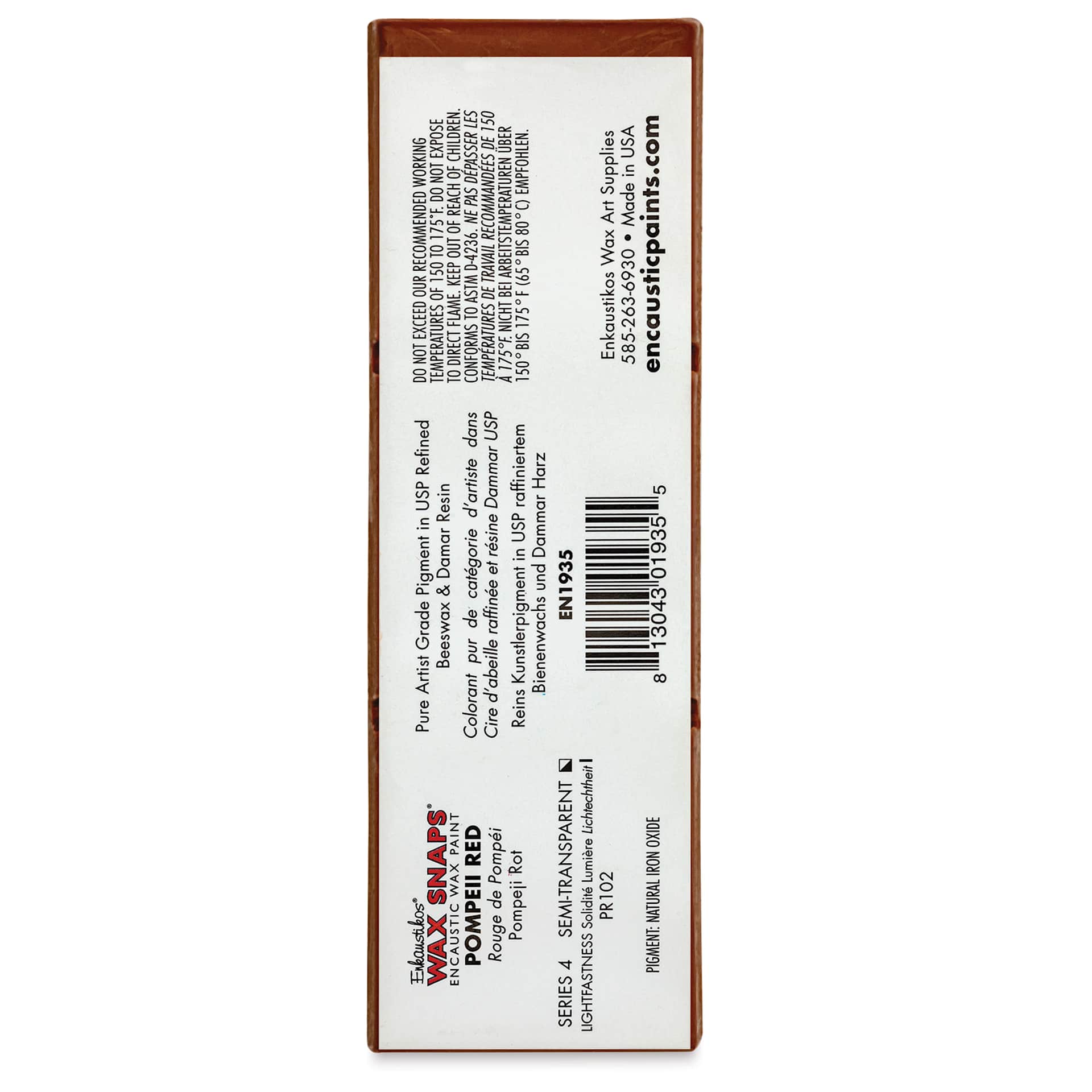 Enkaustikos Wax Snaps Encaustic Paints - Pompeii Red, 40 ml cake back of package