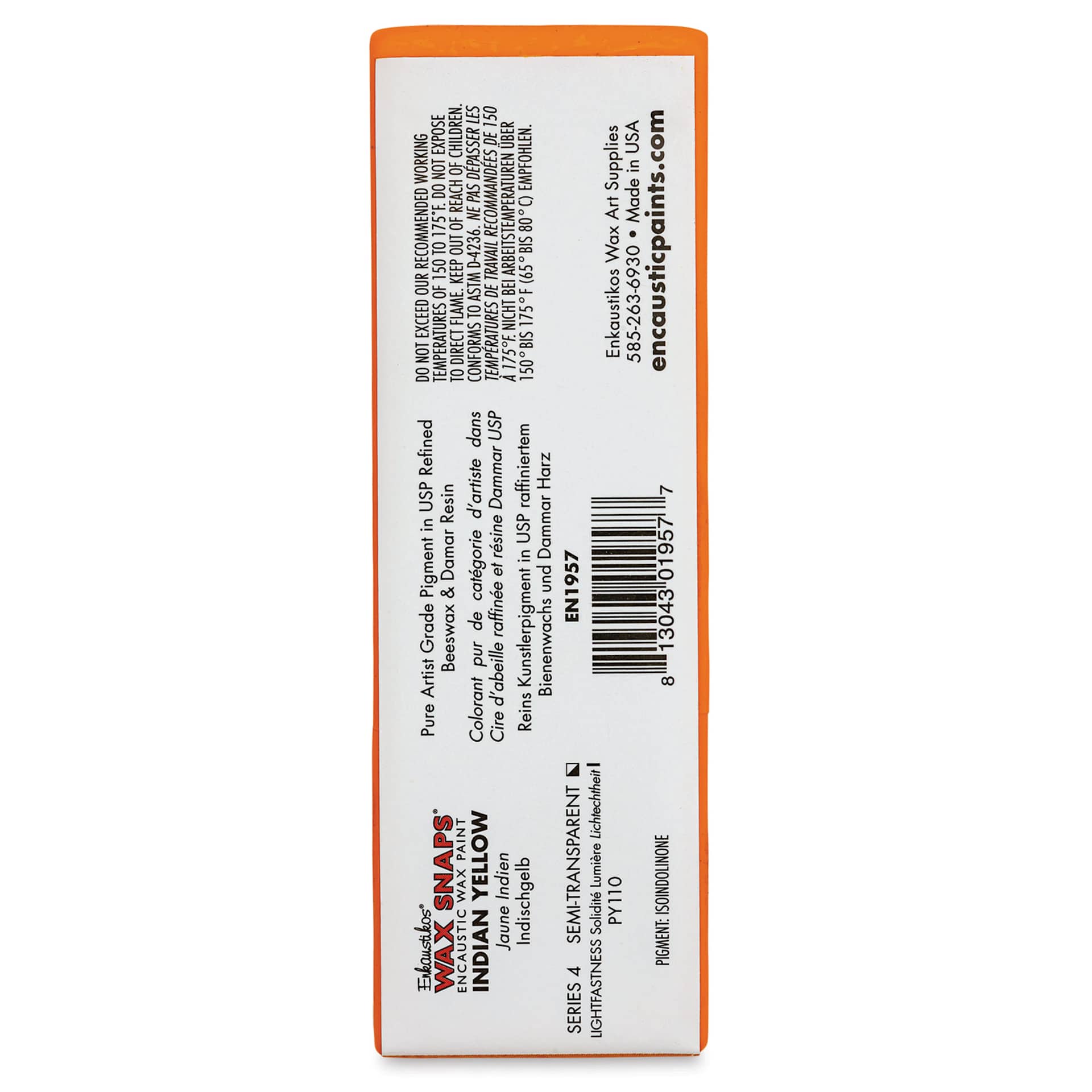 Enkaustikos Wax Snaps Encaustic Paints - Indian Yellow, 40 ml cake back of package